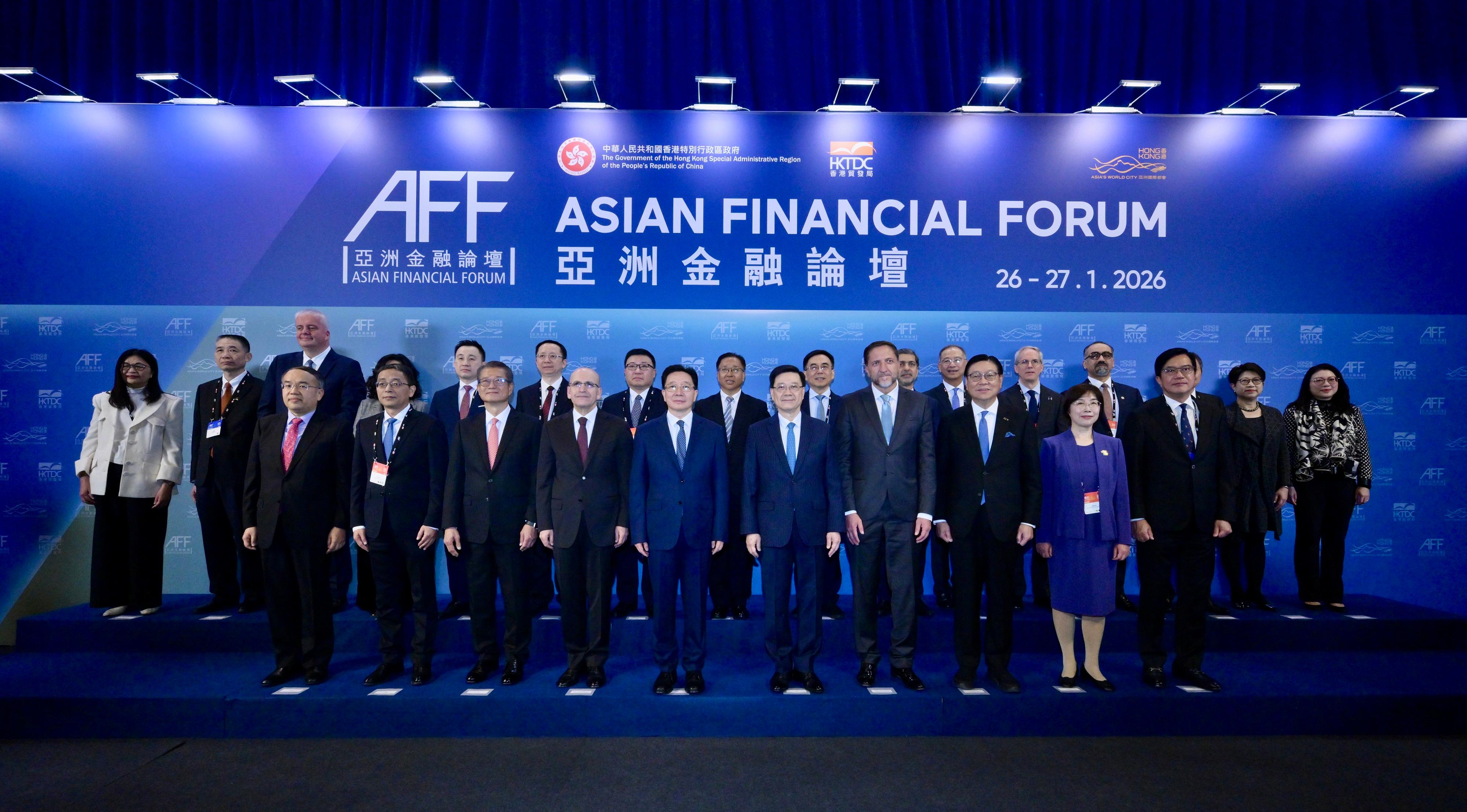 The Chief Executive, Mr John Lee, attended the Asian Financial Forum today (January 26). Photo shows (first row, from left) the Secretary for Financial Services and the Treasury, Mr Christopher Hui; the Deputy Governor of the People's Bank of China, Mr Zou Lan; the Financial Secretary, Mr Paul Chan; the Minister of Treasury and Finance of T&uuml;rkiye, Mr Mehmet Şimşek; the Director of the Liaison Office of the Central People's Government in the Hong Kong Special Administrative Region, Mr Zhou Ji; Mr Lee; the Deputy Prime Minister and Minister of Finance of Slovenia, Mr Klemen Bo&scaron;tjančič; the Chairman of the Hong Kong Trade Development Council, Professor Frederick Ma; the President of the Asian Infrastructure Investment Bank, Ms Zou Jiayi; the Deputy Financial Secretary, Mr Michael Wong, and other guests at the forum.