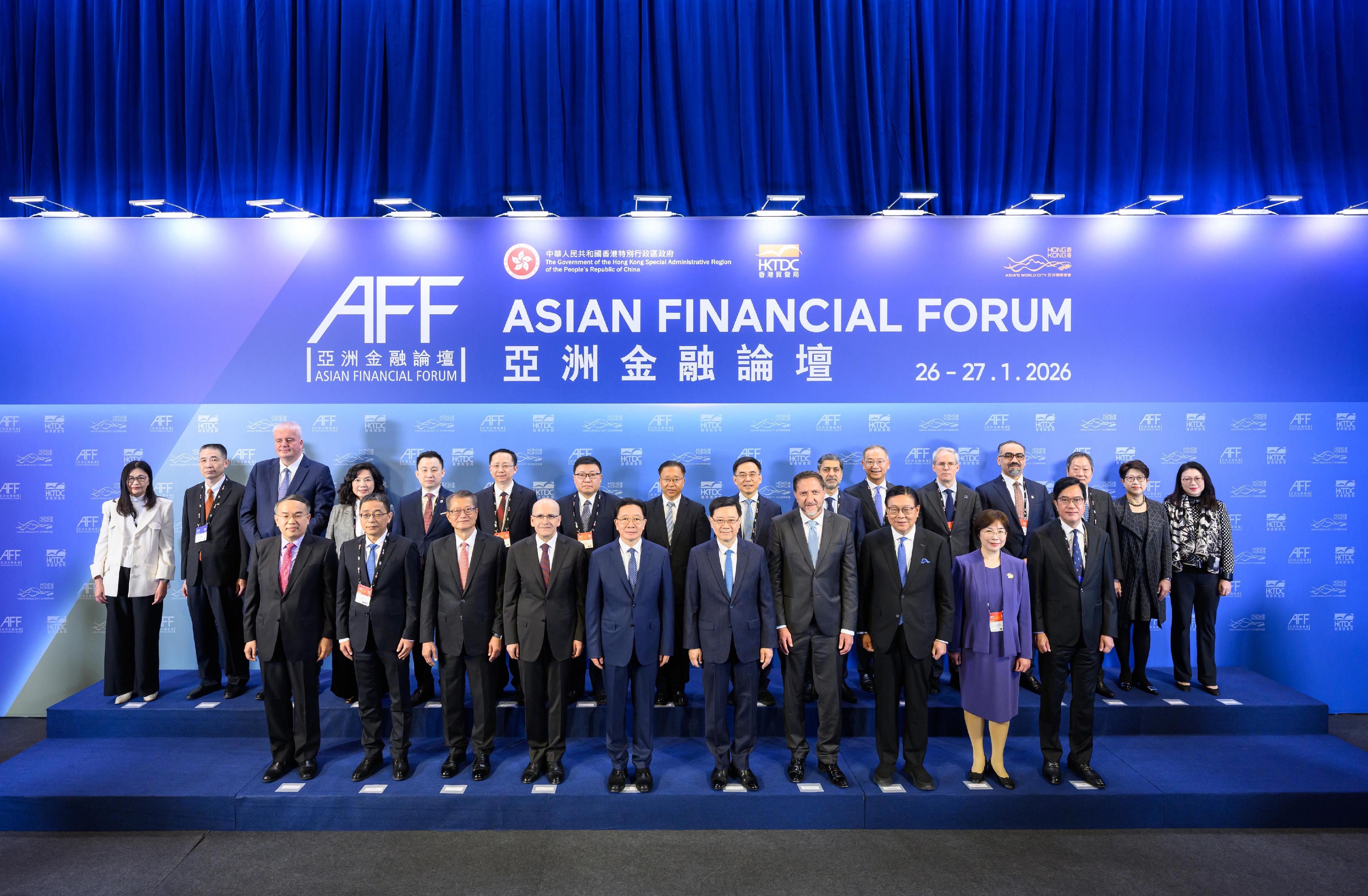 The Chief Executive, Mr John Lee, attended the Asian Financial Forum today (January 26). Photo shows (first row, from left) the Secretary for Financial Services and the Treasury, Mr Christopher Hui; the Deputy Governor of the People's Bank of China, Mr Zou Lan; the Financial Secretary, Mr Paul Chan; the Minister of Treasury and Finance of Türkiye, Mr Mehmet Şimşek; the Director of the Liaison Office of the Central People's Government in the Hong Kong Special Administrative Region, Mr Zhou Ji; Mr Lee; the Deputy Prime Minister and Minister of Finance of Slovenia, Mr Klemen Boštjančič; the Chairman of the Hong Kong Trade Development Council, Professor Frederick Ma; the President of the Asian Infrastructure Investment Bank, Ms Zou Jiayi; the Deputy Financial Secretary, Mr Michael Wong, and other guests at the forum.