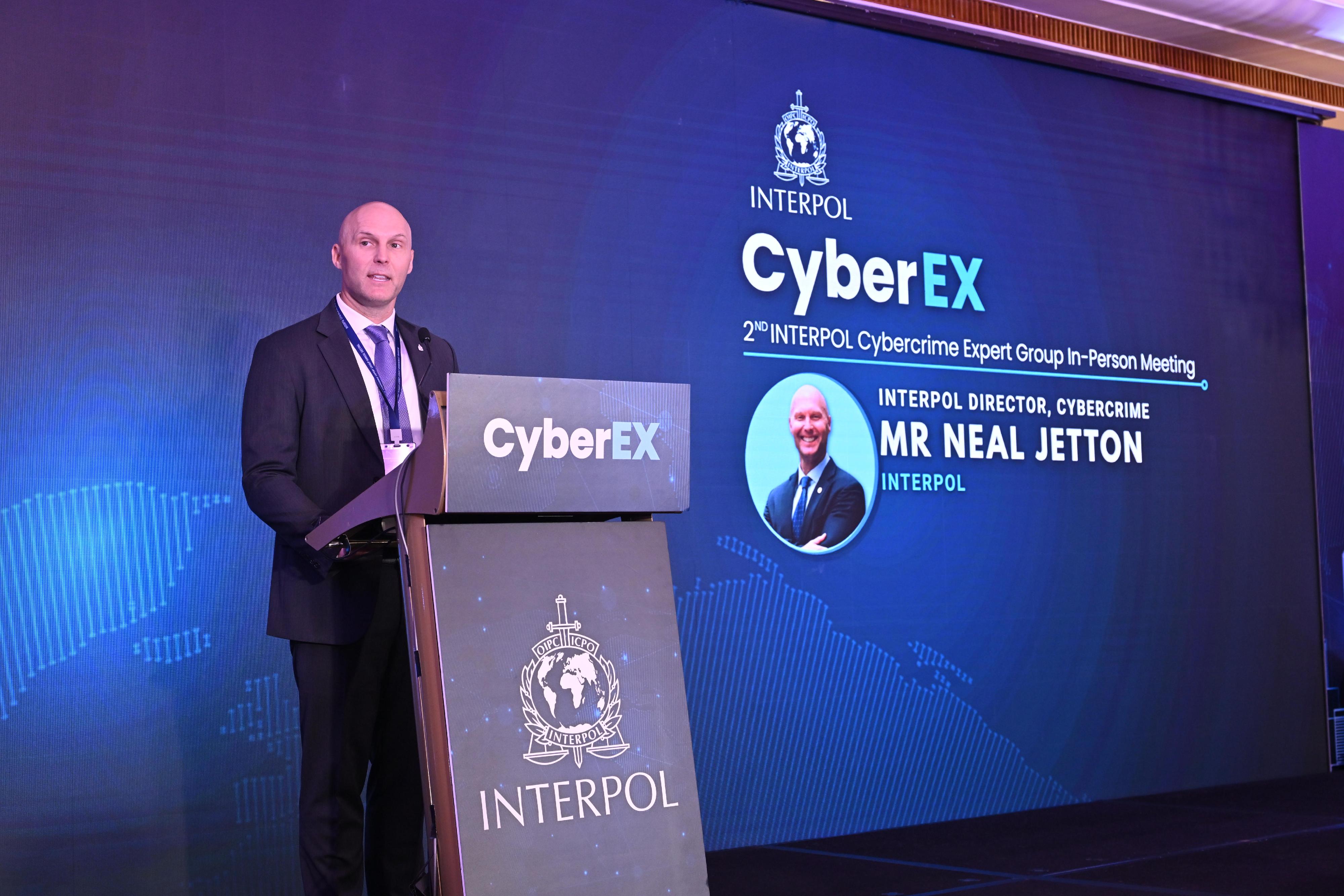 The Hong Kong Police Force (HKPF) and INTERPOL are co-organising the INTERPOL&rsquo;s Cybercrime Expert Group In-Person Annual Meeting today and tomorrow (February 2 and 3). Photo shows the INTERPOL Cybercrime Director, Mr Neal Jetton, speaking at the meeting today.