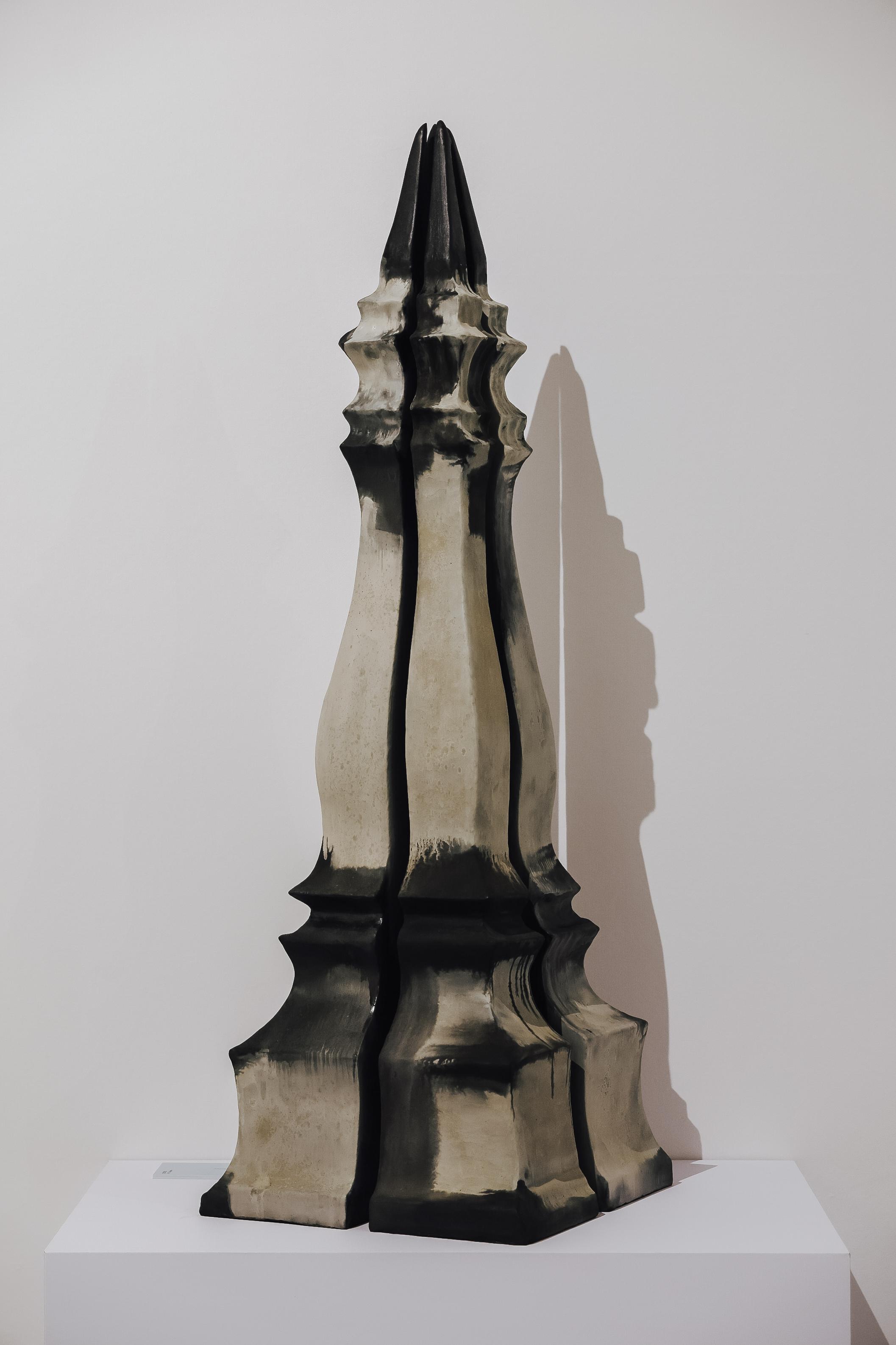 Jointly organised by the Art Promotion Office and the Shenzhen Fringe Art Center, the fourth exhibition "Debate on Form and Spirit" of the "Ink Art Ensembles" Exhibition Series in the Greater Bay Area is on display until March 28 at Xiqiao Mountain Art Museum (Youwei Art Museum) in Foshan. Photo shows Jiangmen artist Ou Tingzhu's lacquer art sculpture "Quadripartite Tower" from the "Monument" series.