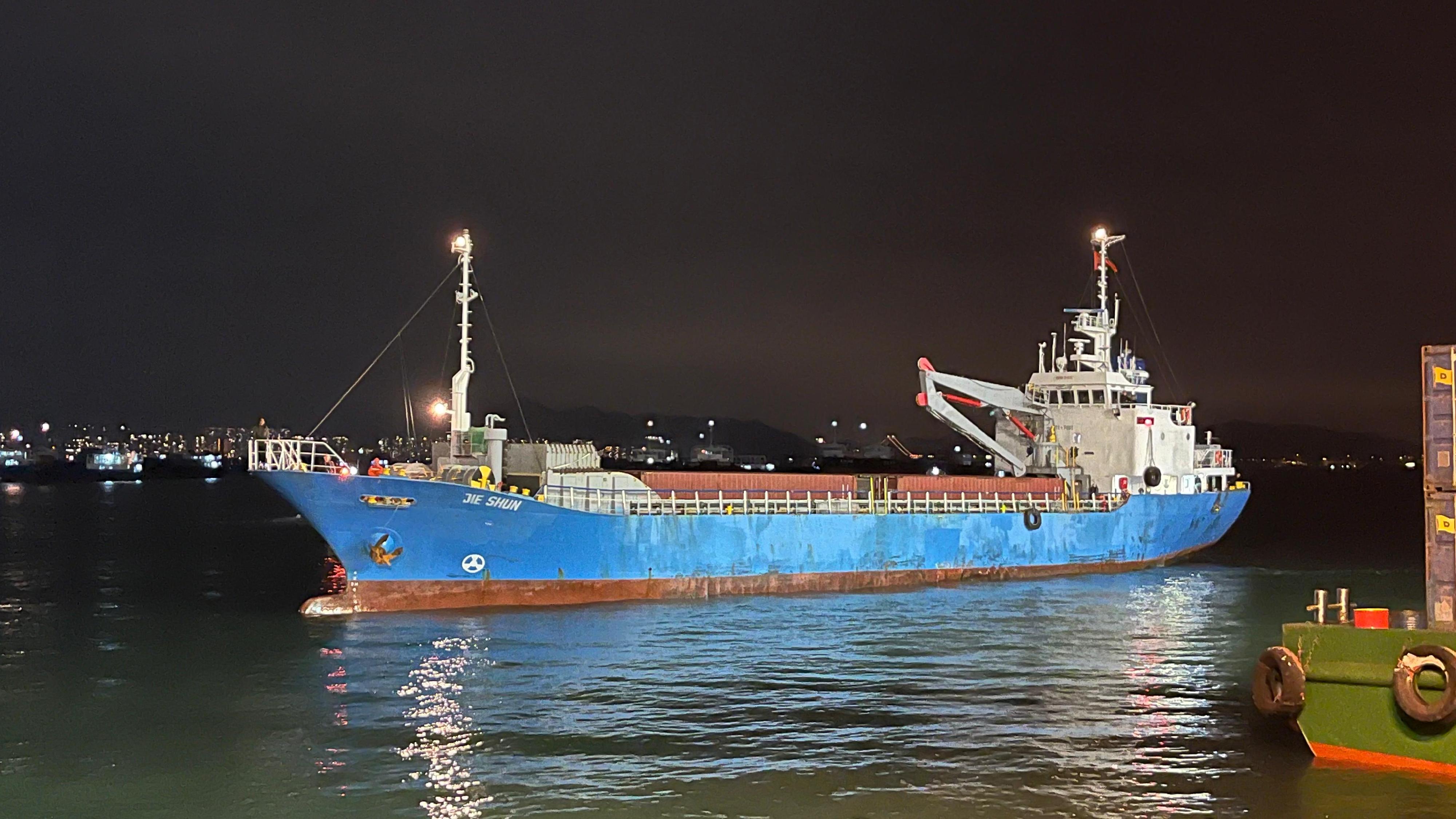 Hong Kong Customs recently mounted enforcement operations targeting large-scale illicit cigarette smuggling activities by sea and detected two cases on January 31 and February 4, during which a total of about 15.22 million suspected illicit cigarettes with an estimated market value of about $68 million and a duty potential of about $50 million were seized. Eight men were arrested. Photo shows the ocean-going cargo vessel intercepted by Customs on January 31. 