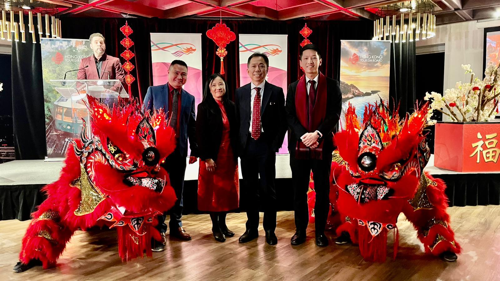 The Hong Kong Economic and Trade Office (Toronto) (Toronto ETO) and the Hong Kong Tourism Board (Canada) (HKTB) held a joint spring reception in Toronto on February 12 (Toronto time). Photo shows the Director of the Toronto ETO, Mr Bill Wong (second right), and the Deputy Director of the Toronto ETO, Mr Gavin Yeung (first right), with Senior Manager, Trade Marketing of the HKTB Ms Wong Yuen-kan (third right) and Senior Marketing and Public Relations Manager of the HKTB Mr Jorge Lee (fourth right) at the reception.