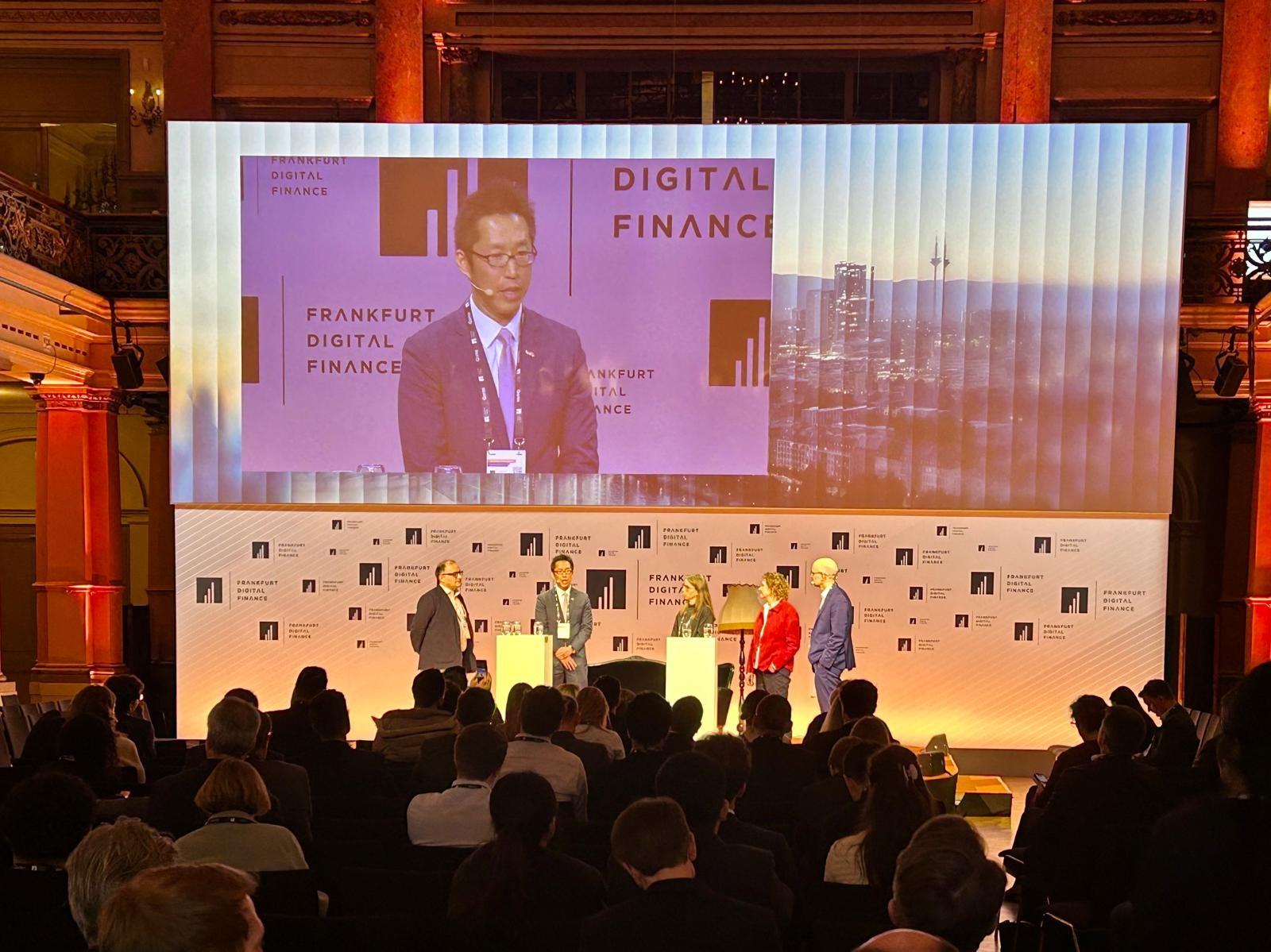 The Hong Kong Economic and Trade Office, Berlin (HKETO Berlin) promoted the unique advantages of Hong Kong as an international financial centre at the Frankfurt Digital Finance conference held in Frankfurt, Germany on February 11 and 12 (Frankfurt time). Photo shows the Director of HKETO Berlin, Mr Indiana Wong (second left), speaking at a panel discussion titled "Transformation and Venture Capital: The Role of Public and Private Players for Accelerating Digital Growth".