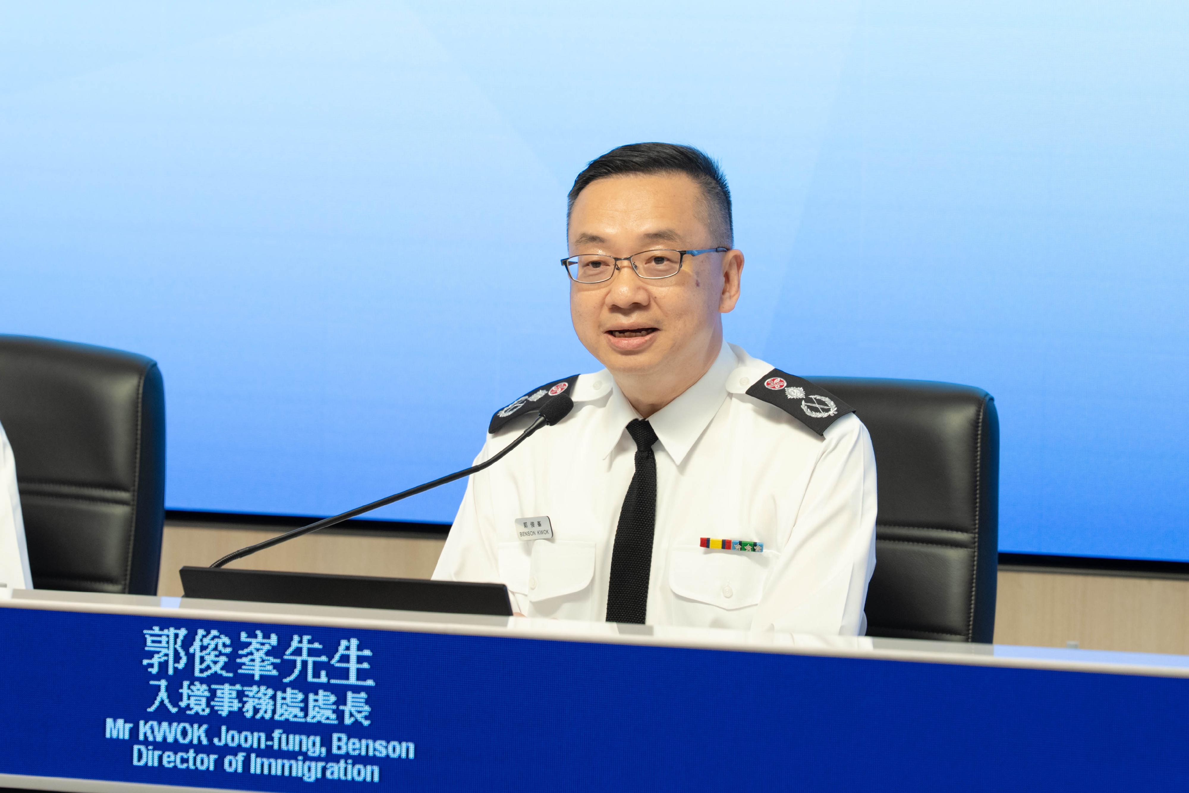 The Immigration Department's year-end review of 2025 was held today (February 13). Photo shows the Director of Immigration, Mr Benson Kwok, chairing the press conference.