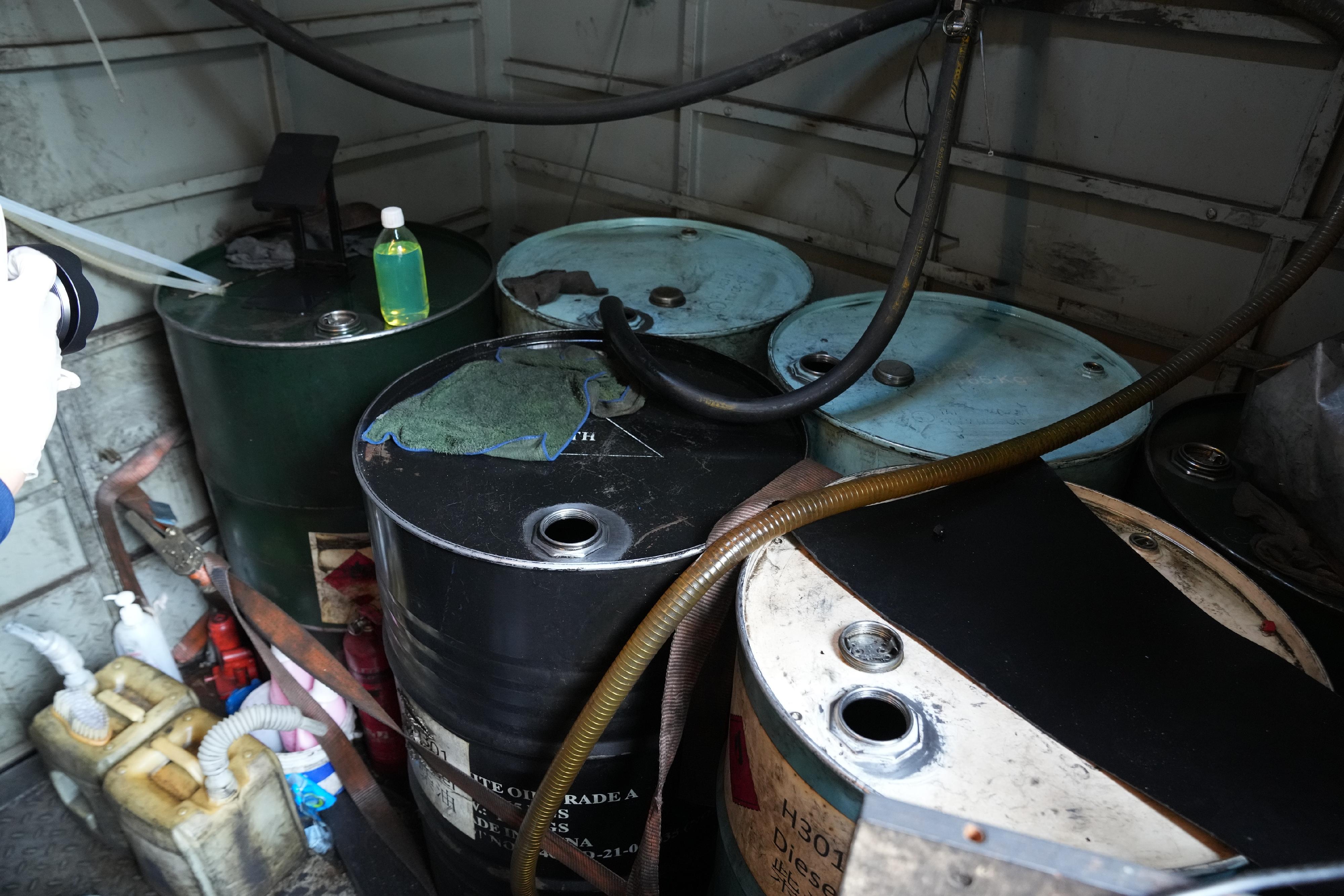 The Fire Services Department, in collaboration with the Hong Kong Customs and the Hong Kong Police Force, launched a joint operation codenamed "Flow Stopper" today (February 13), specifically targeting on blackspots of illicit fueling activities in urban areas for a focused crackdown. Photo shows some illegal fuel seized during the operation.
