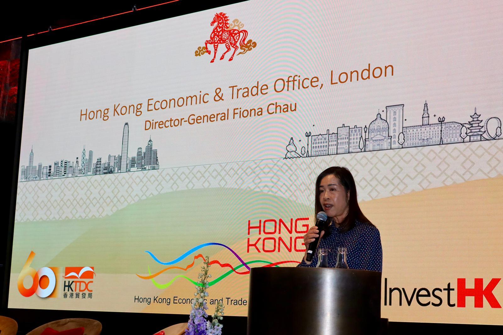 The Hong Kong Economic and Trade Office in London (London ETO), in collaboration with Invest Hong Kong and the Hong Kong Trade Development Council, hosted two celebratory and promotional events under the Economic and Trade Express platform to celebrate the Year of the Horse in Copenhagen, Denmark, and Helsinki, Finland, on February 10 and 11 respectively. Photo shows the Director-General of the London ETO, Miss Fiona Chau, delivering a speech at the Copenhagen reception.