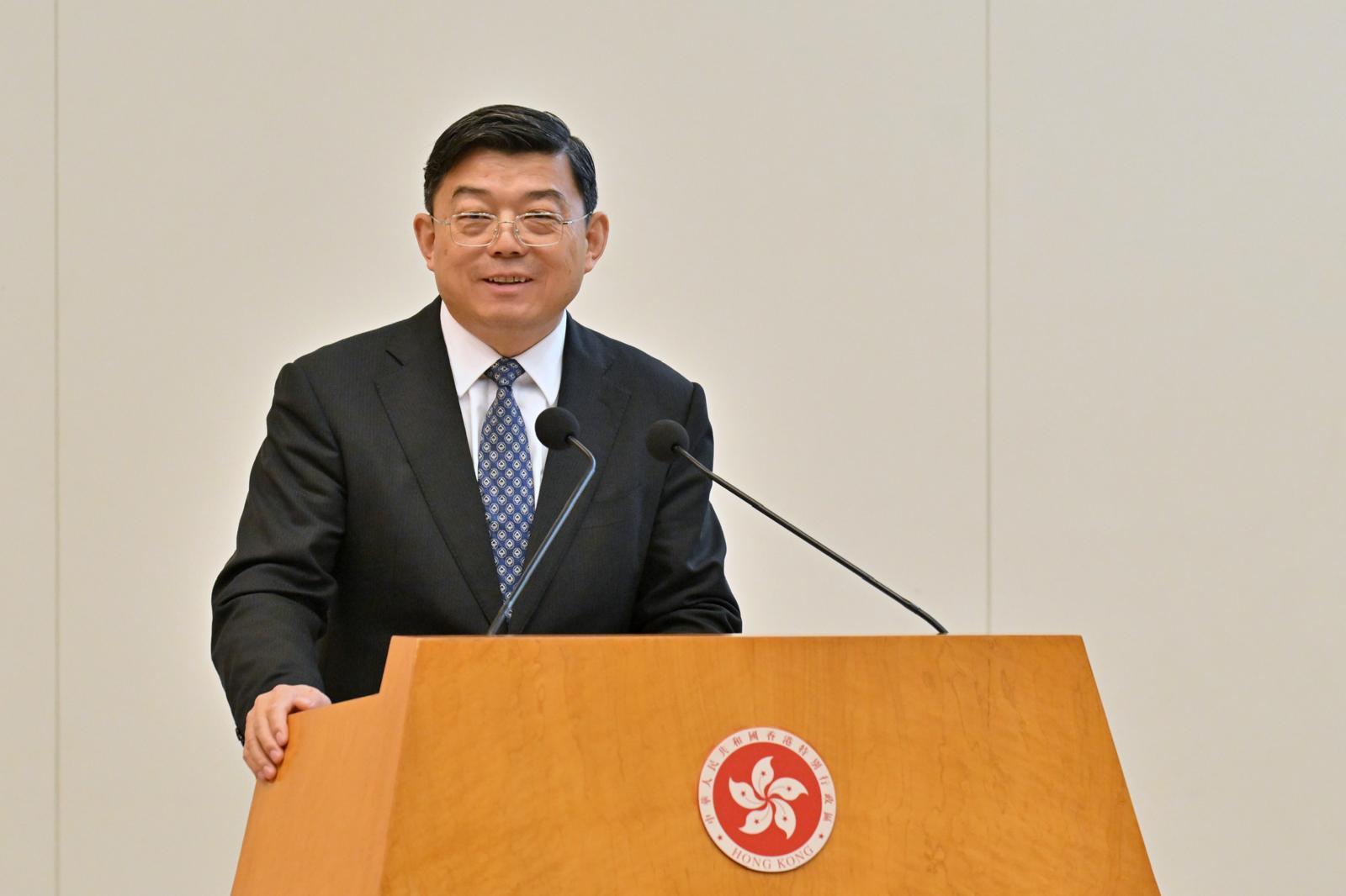 The Hong Kong Special Administrative Region Government held a seminar on the white paper titled "Hong Kong: Safeguarding China's National Security Under the Framework of One Country, Two Systems" at the Central Government Offices this morning (February 14). Photo shows former Director-General of the First Bureau of the Hong Kong and Macao Work Office of the Communist Party of China Central Committee, Vice President of the Chinese Association of Hong Kong and Macao Studies and Professor of the School of Law of Tsinghua University, Professor Wang Zhenmin, delivering a keynote speech in the seminar.
