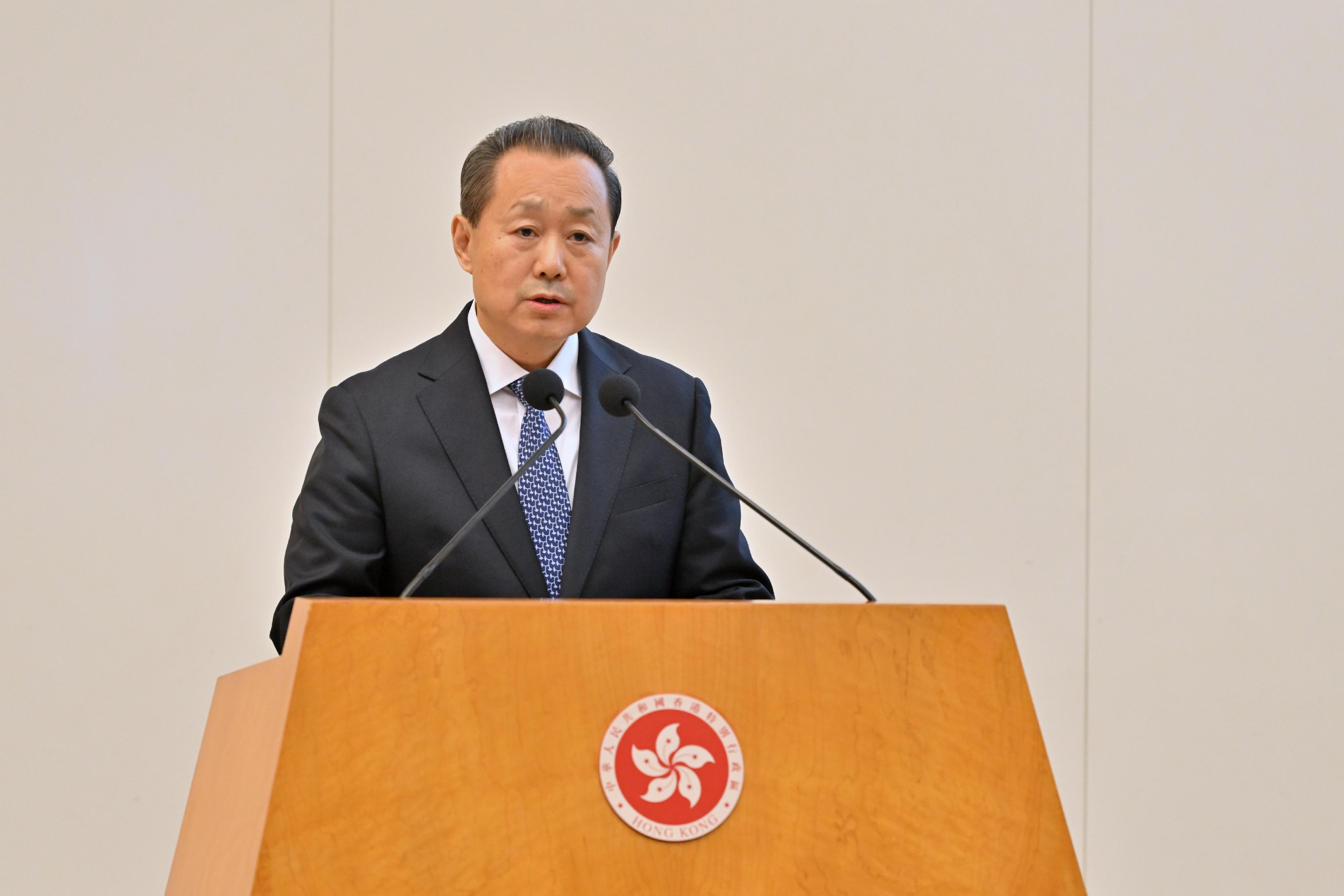 The Hong Kong Special Administrative Region (HKSAR) Government held a seminar on the white paper titled "Hong Kong: Safeguarding China's National Security Under the Framework of One Country, Two Systems" at the Central Government Offices this morning (February 14). Photo shows the Head of the Office for Safeguarding National Security of the Central People's Government in the HKSAR, Mr Dong Jingwei, speaking in the seminar.