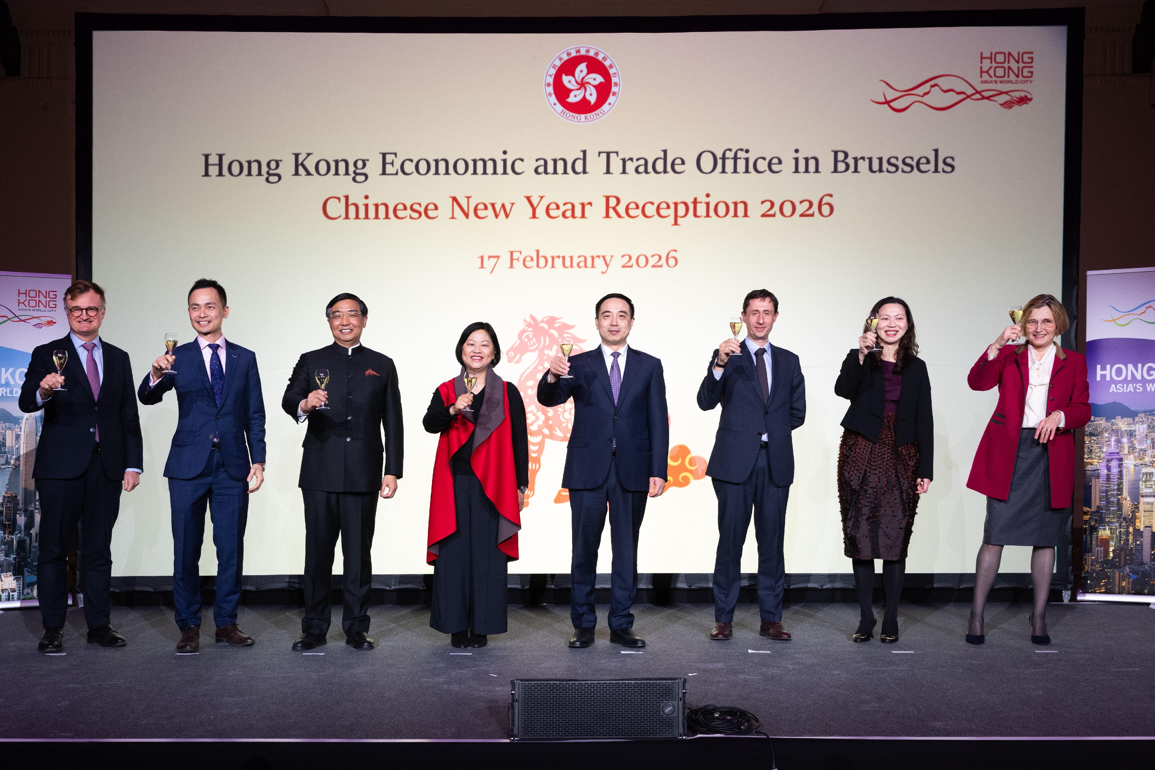 The Hong Kong Economic and Trade Office in Brussels (Brussels ETO) hosted a Chinese New Year reception in Brussels, Belgium on February 17 (Brussels time), as part of the celebration series for the Year of the Horse. Photo shows (from left) the Chairman of the Belgium-Hong Kong Society, Mr Alexander De Beir; the Regional Director, Europe, Central Asia and Israel of the Hong Kong Trade Development Council, Mr Chris Lo; the Chinese Ambassador to Belgium, Mr Fei Shengchao; the Special Representative for Hong Kong Economic and Trade Affairs to the European Union, Ms Shirley Yung; the Head of the Mission of China to the European Union, Ambassador Cai Run; the Consul General of Belgium in Hong Kong and Macau, Mr David Lomastro; the Deputy Representative of Brussels ETO, Miss Fiona Li; and the Head of Business and Talent Attraction/Investment Promotion of the Invest Hong Kong Brussels office, Ms Paula Kant, toasting at the Chinese New Year reception in Brussels.


