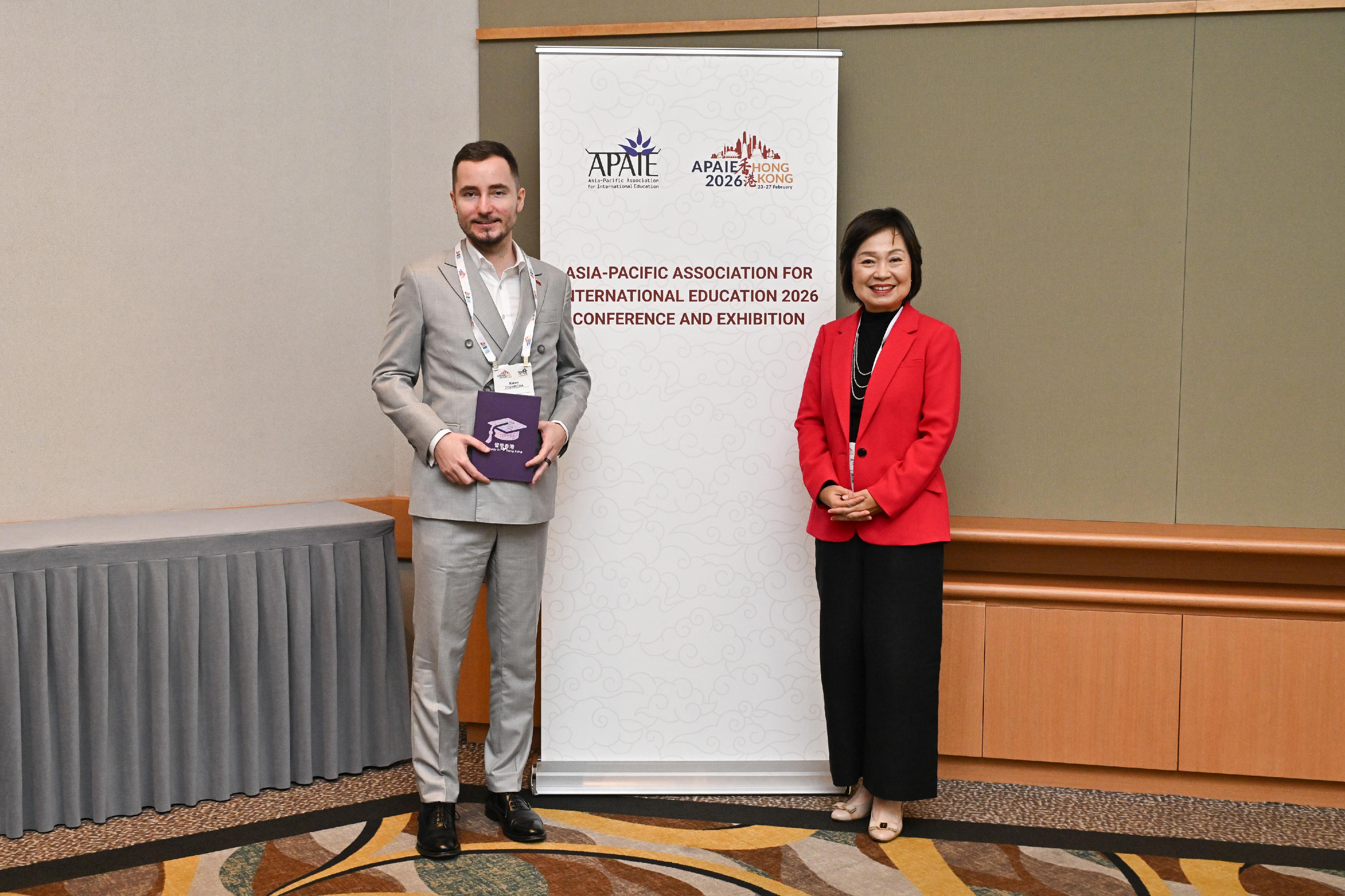 The opening ceremony of the Asia-Pacific Association for International Education 2026 Conference and Exhibition was held today (February 24). Photo shows the Secretary for Education, Dr Choi Yuk-lin (right), with the State Secretary of the Ministry of Education, Research, Development and Youth of the Slovak Republic, Mr R&oacute;bert Zsembera (left), after the ceremony.