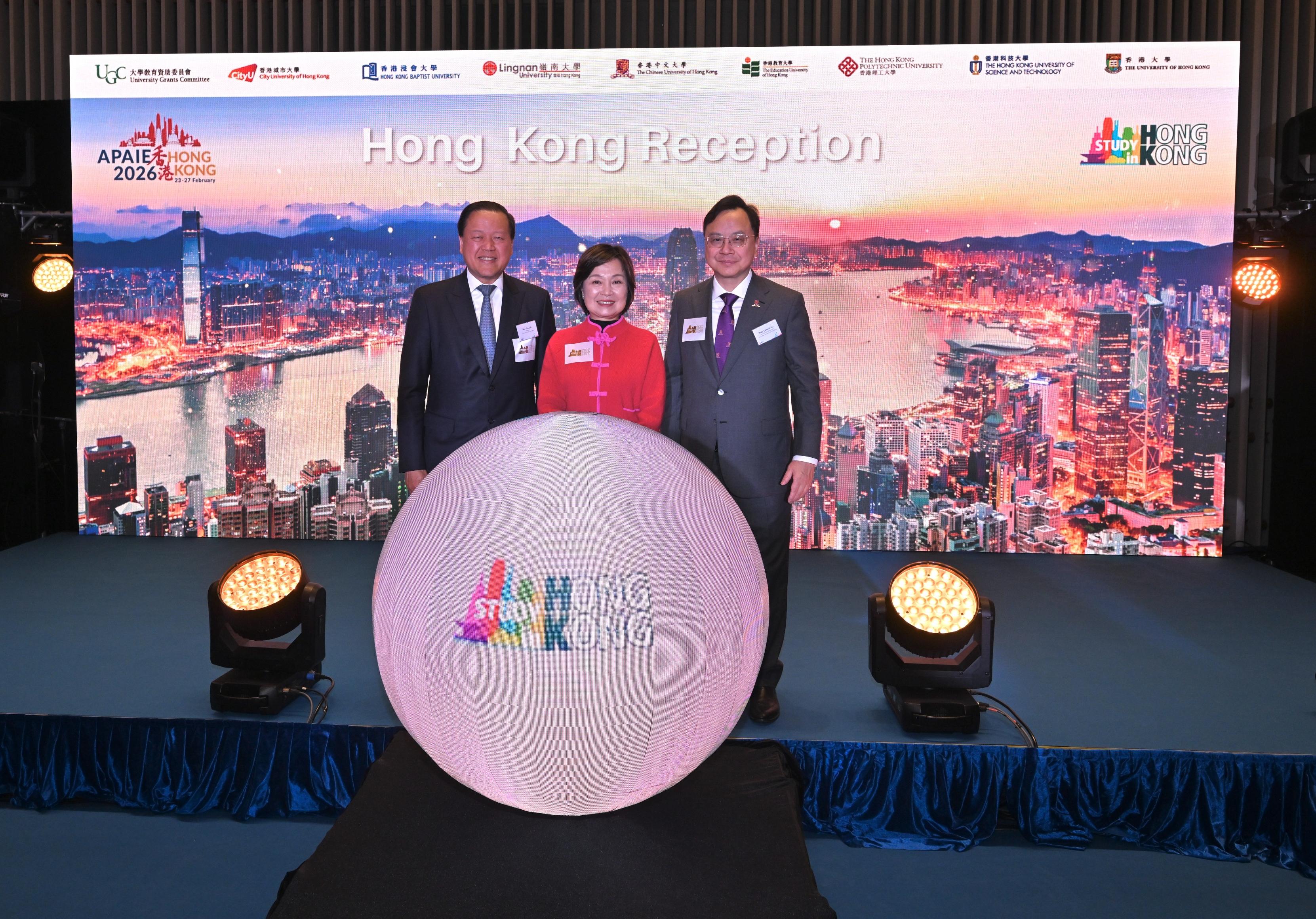 The Hong Kong Special Administrative Region Government has designated February 23 to March 1 as Study in Hong Kong Week. Photo shows the Secretary for Education, Dr Choi Yuk-lin (centre), kicking off the Week with the Chairman of the University Grants Committee, Mr Tim Lui (left), and the Convenor of the Heads of Universities Committee and the Vice-Chancellor and President of the Chinese University of Hong Kong, Professor Dennis Lo (right), at the Hong Kong Reception of the Asia-Pacific Association for International Education 2026 Conference and Exhibition yesterday (February 23).