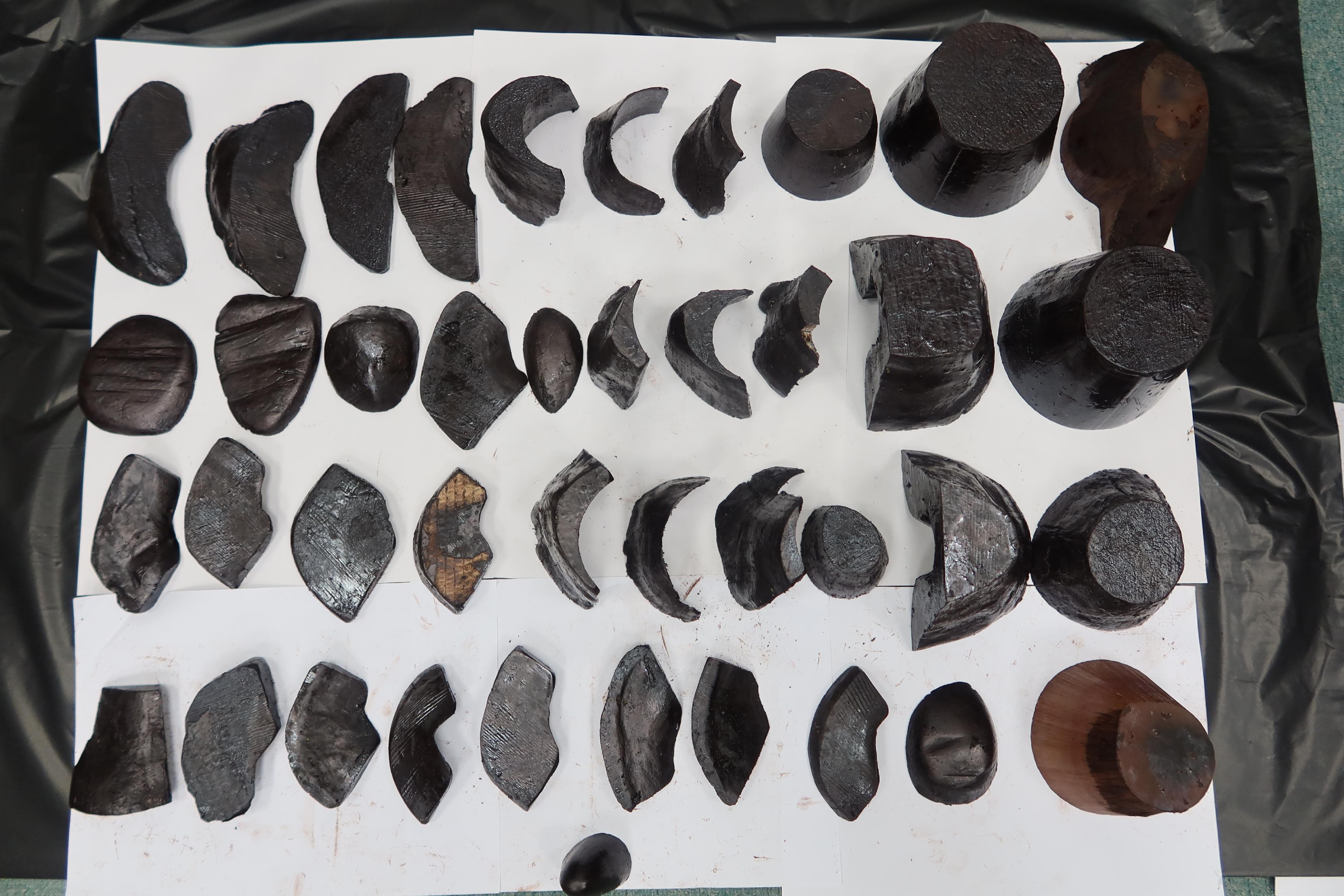 A 60-year-old Chinese man, who smuggled rhino horns to Hong Kong, was convicted at the District Court today (February 26) for violating the Protection of Endangered Species of Animals and Plants Ordinance (Cap. 586) and sentenced to imprisonment for 24 months. Photo shows rhino horn cut pieces found by in the man's luggage.