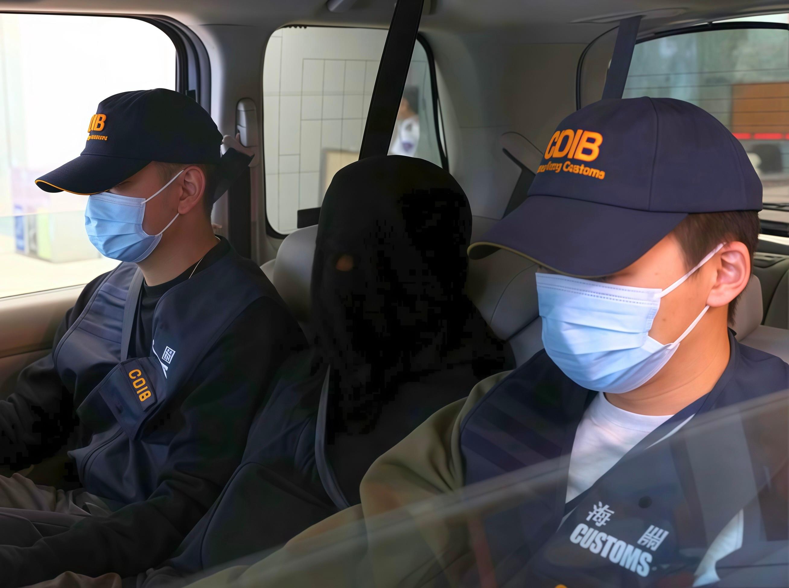 香港海關二月十日在葵涌檢獲約三十公斤懷疑可卡因，估計市值約二千二百萬元。圖示懷疑涉案的外籍男子（中）。 