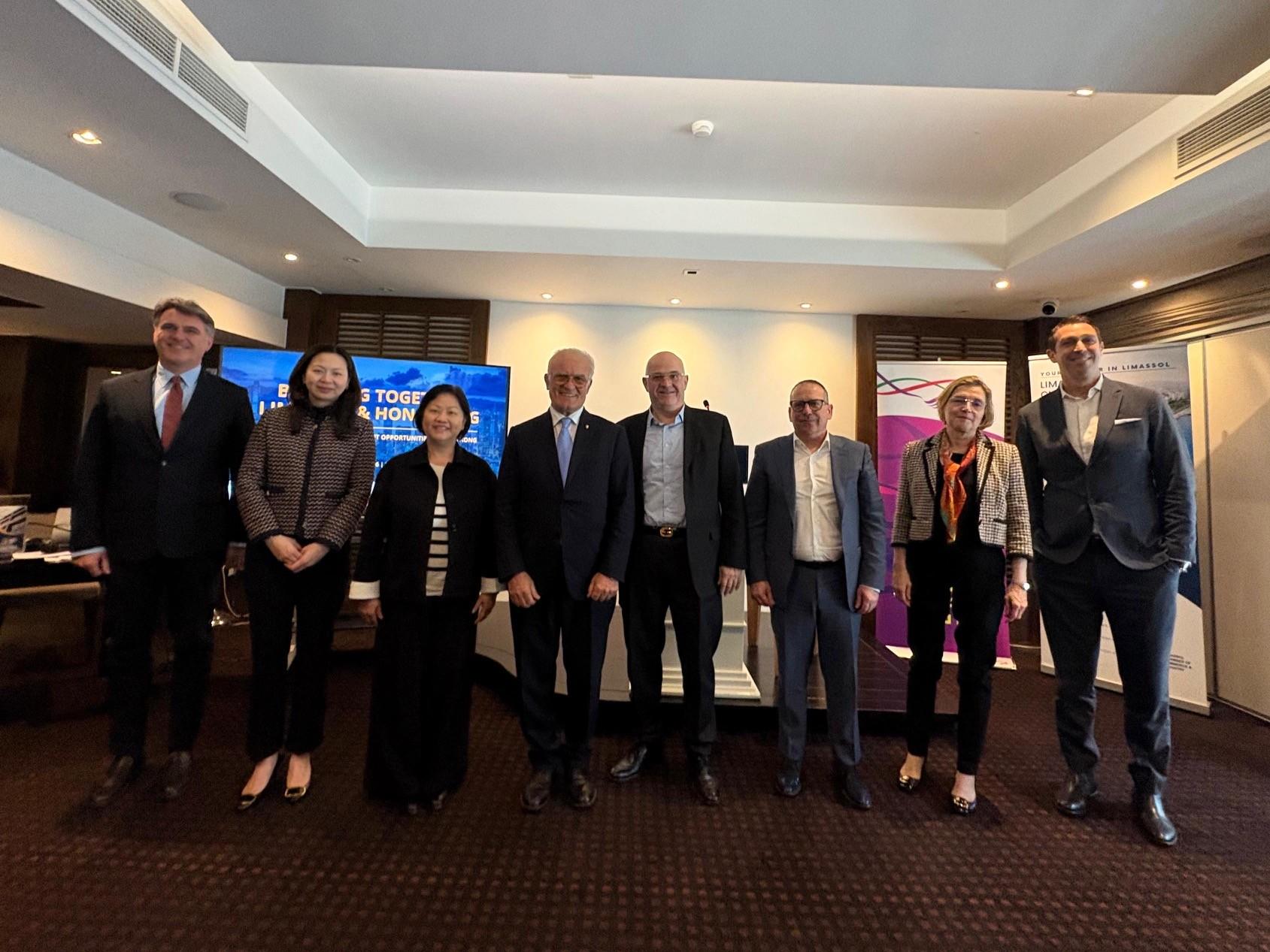 The Hong Kong Economic and Trade Office in Brussels (Brussels ETO) continues Chinese New Year celebrations in Europe. Photo shows (from left) the Director, Italy, Cyprus, Greece and Malta of the Hong Kong Trade Development Council, Mr Gianluca Mirante; Deputy Representative of the Brussels ETO Miss Fiona Li; the Special Representative for Hong Kong Economic and Trade Affairs to the European Union, Ms Shirley Yung; the President of the Limassol Chamber of Commerce & Industry, Mr Andreas Tsouloftas; the Honorary Secretary of the Limassol Chamber of Commerce & Industry, Mr Liakos Theodorou; the Managing Partner and member of the Board of Directors of K. Treppides & Co, Mr Marios Cosma; the Head of Business and Talent Attraction/Investment Promotion of the Invest Hong Kong Brussels office, Ms Paula Kant; and the Property General Manager of City of Dreams Mediterranean, Mr Grant Johnson, attending the Chinese New Year reception in Limassol, Cyprus, on February 27 (Limassol time).