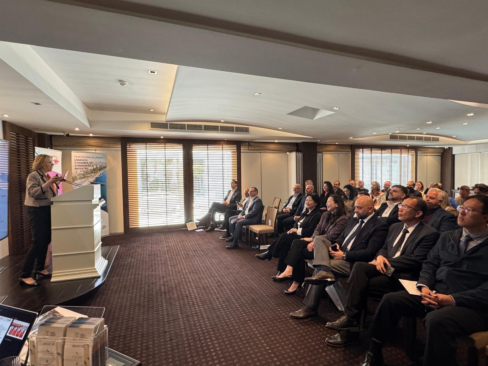 The Hong Kong Economic and Trade Office in Brussels continues Chinese New Year celebrations in Europe. Photo shows the Head of Business and Talent Attraction/Investment Promotion of the Invest Hong Kong Brussels office, Ms Paula Kant, presenting Hong Kong's latest economic and investment landscape to local business leaders during the Chinese New Year reception in Limassol, Cyprus, on February 27 (Limassol time).