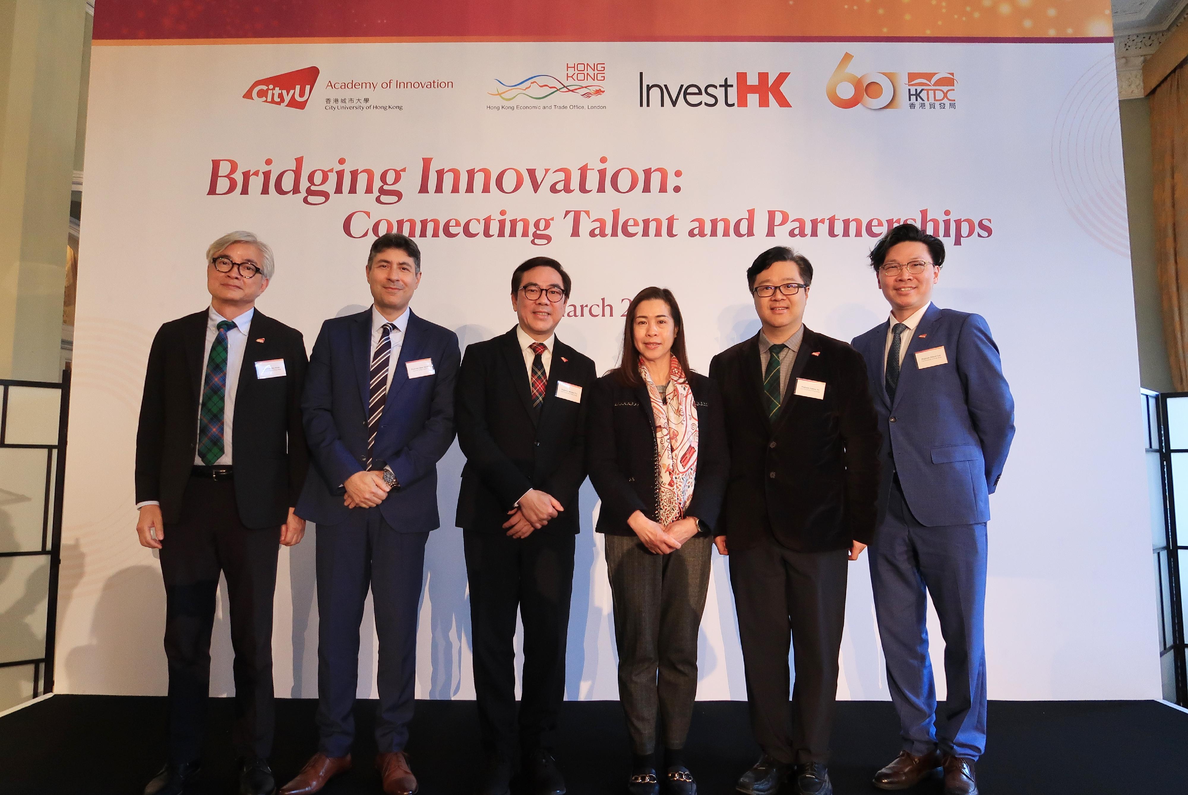 The Hong Kong Economic and Trade Office in London (London ETO) and City University of Hong Kong (CityUHK) cohosted a seminar titled "Bridging Innovation: Connecting Talent and Partnerships" in London, the United Kingdom, on March 5 (London time). Photo shows (from left) Associate Director of CityUHK Academy of Innovation Professor Ron Kwok Chi-wai; the Head of the Department of Chemical Engineering at Imperial College London, Professor Omar Matar; the CityUHK Associate Vice-President (Innovation) and Director of CityUHK Academy of Innovation, Professor Michael Tse Chi-kong; the Director-General of the London ETO, Miss Fiona Chau; the CityUHK Associate Vice-President (Enterprise), Professor Johnny Ho Chung-yin; and Associate Director of CityUHK Academy of Innovation Professor Denvid Lau Tak-bun at the seminar.     