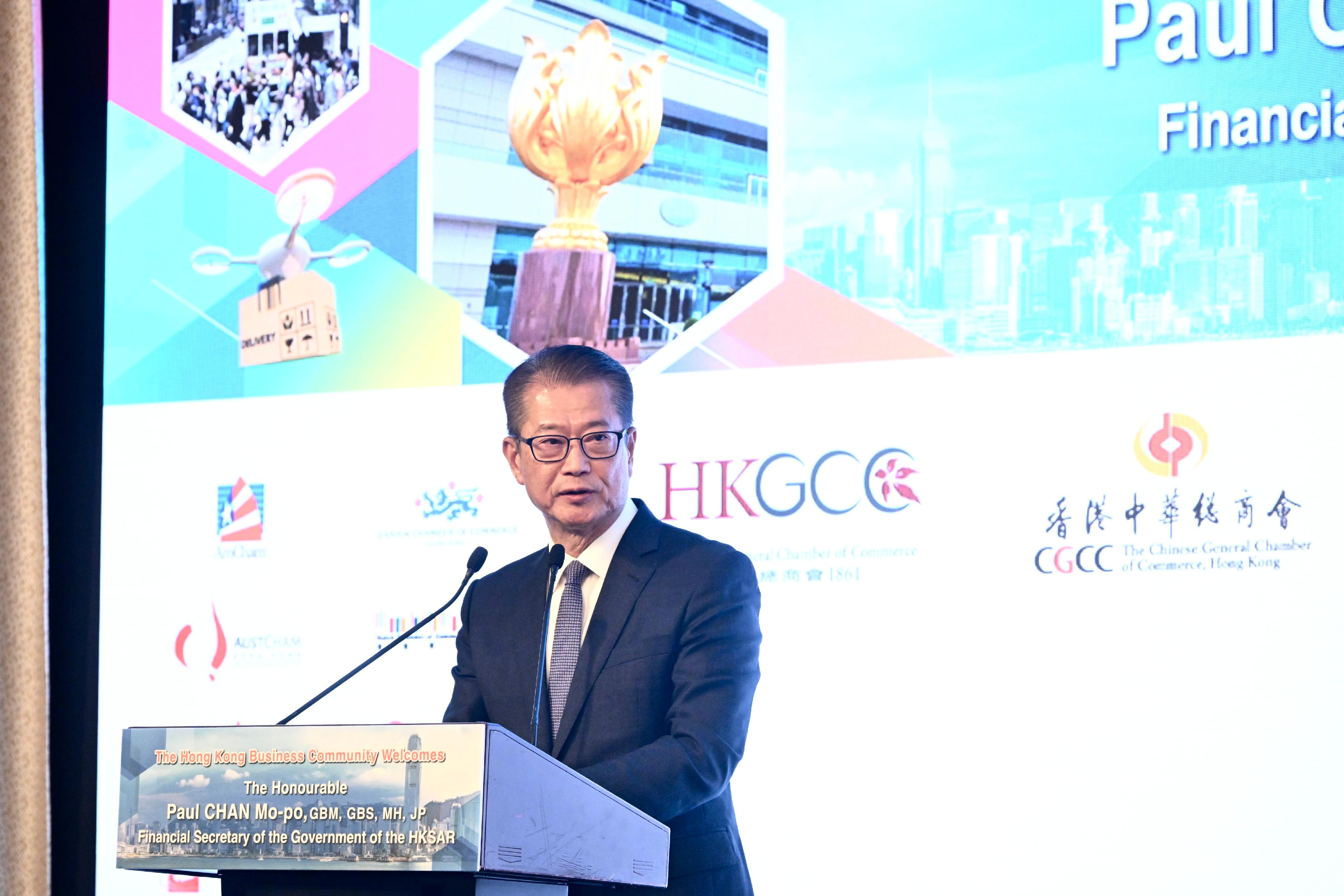 The Financial Secretary, Mr Paul Chan, speaks at the Joint Business Community Luncheon today (March 13).