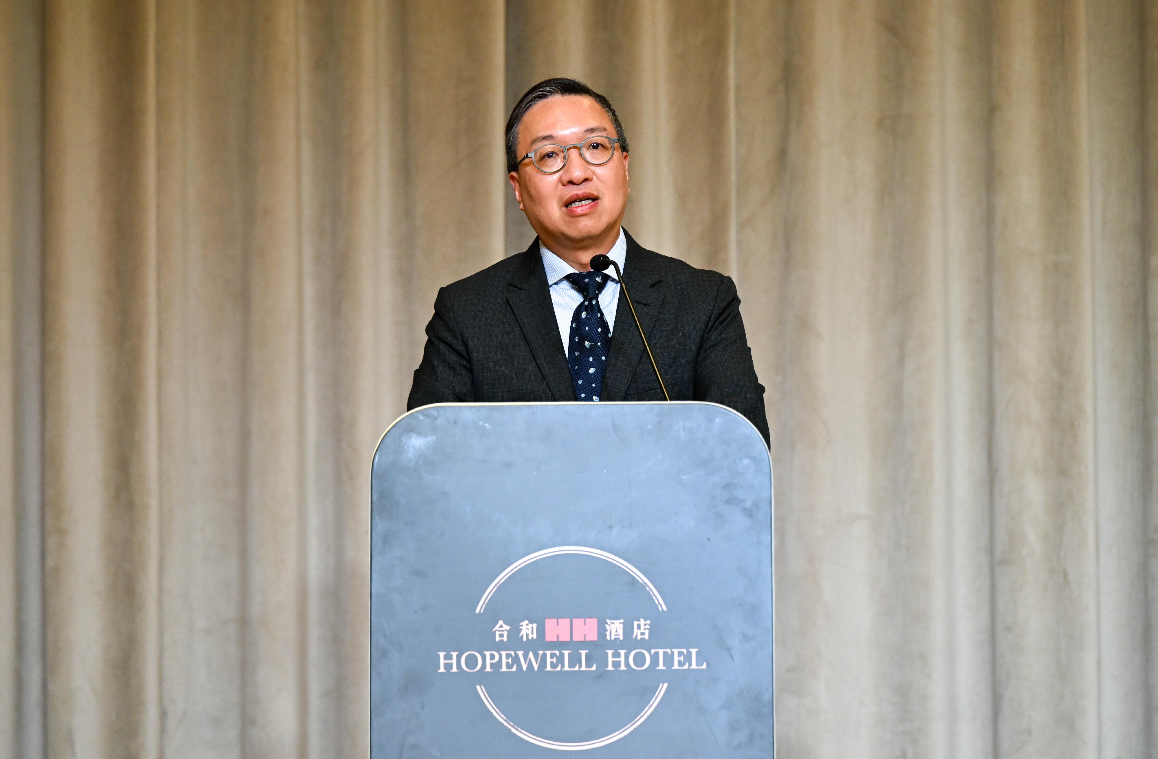 The Secretary for Justice, Mr Paul Lam, SC, speaks at the opening ceremony of 23rd Willem C Vis East International Commercial Arbitration Moot today (March 15).