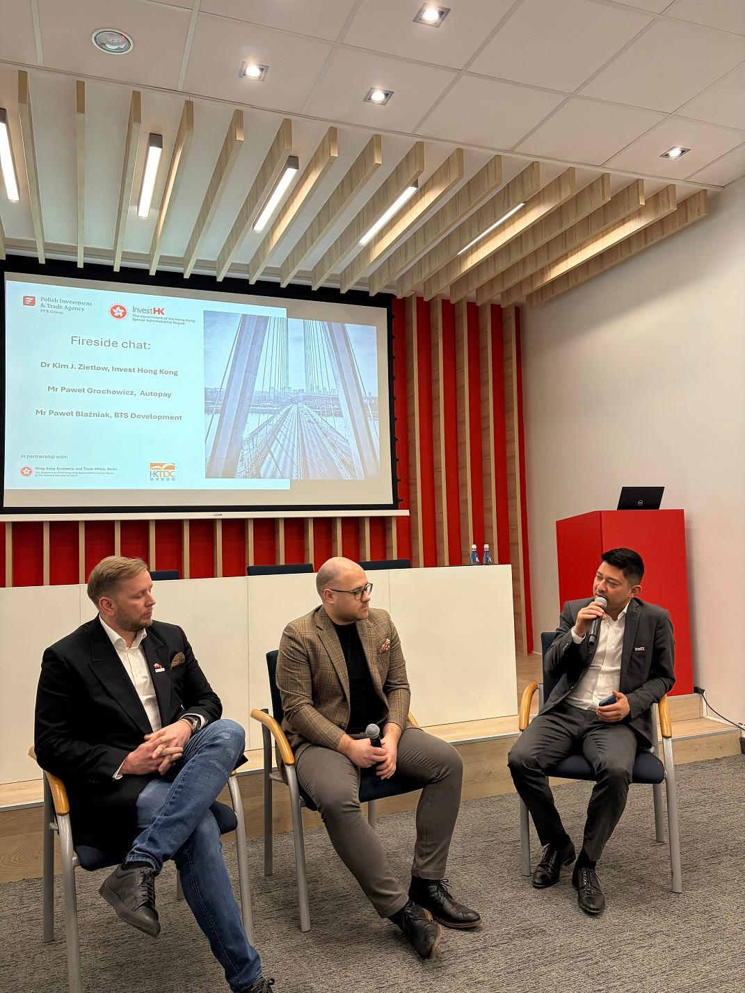 The Hong Kong Economic and Trade Office, Berlin (HKETO Berlin), Invest Hong Kong and the Hong Kong Trade Development Council jointly organised a business seminar in Warsaw, Poland, on March 11 (Warsaw time). Photo shows the Head of Business and Talent Attraction/Investment Promotion of HKETO Berlin, Dr Kim Zietlow (right), engaging in a fireside chat at the business seminar with the Head of Product of the Polish company Autopay, Mr Paweł Grochowicz (centre), and the Business Development Manager of BTS Development, Mr Paweł Blaźniak (left).