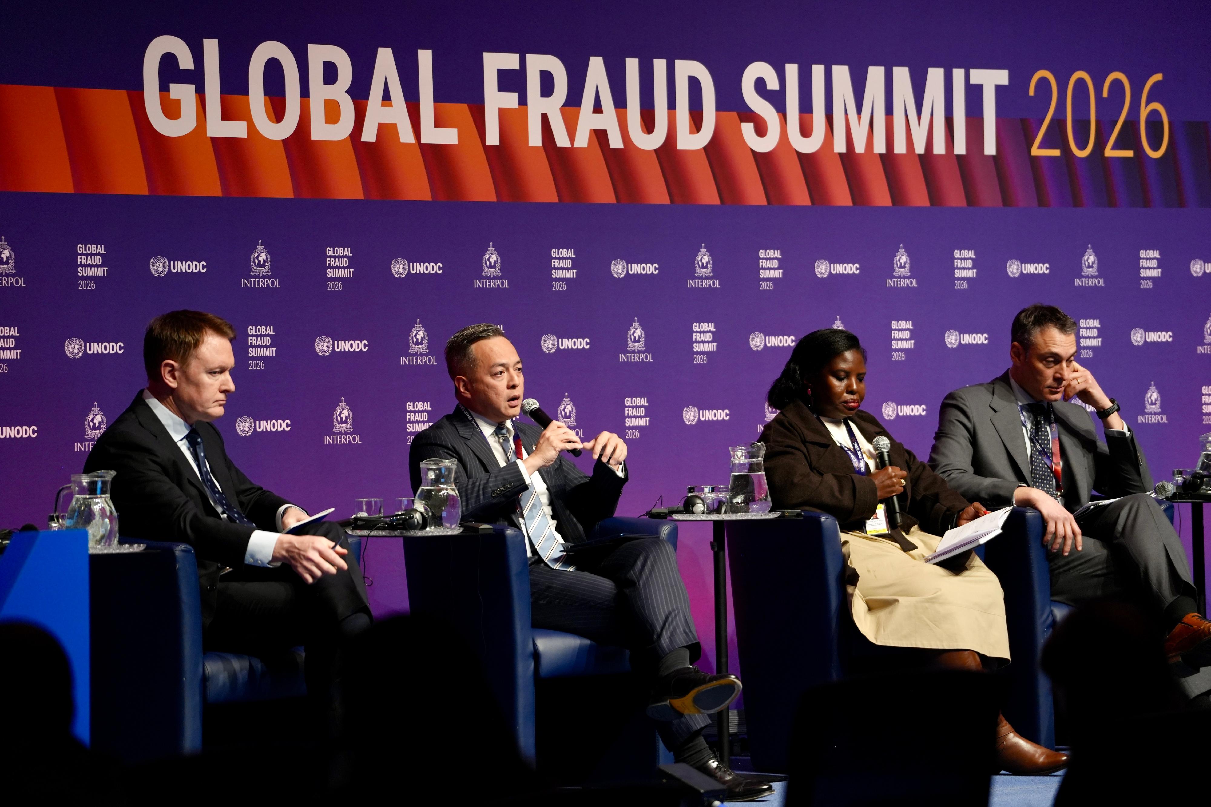 The Commissioner of Police, Mr Chow Yat-ming, led a Hong Kong delegation, as part of the national delegation, to attend the Global Fraud Summit 2026 held in Vienna, Austria, on March 16 and 17 (Vienna time). Mr Chow (second left) introduces the comprehensive strategies of the Force in anti-deception at a forum of the summit.