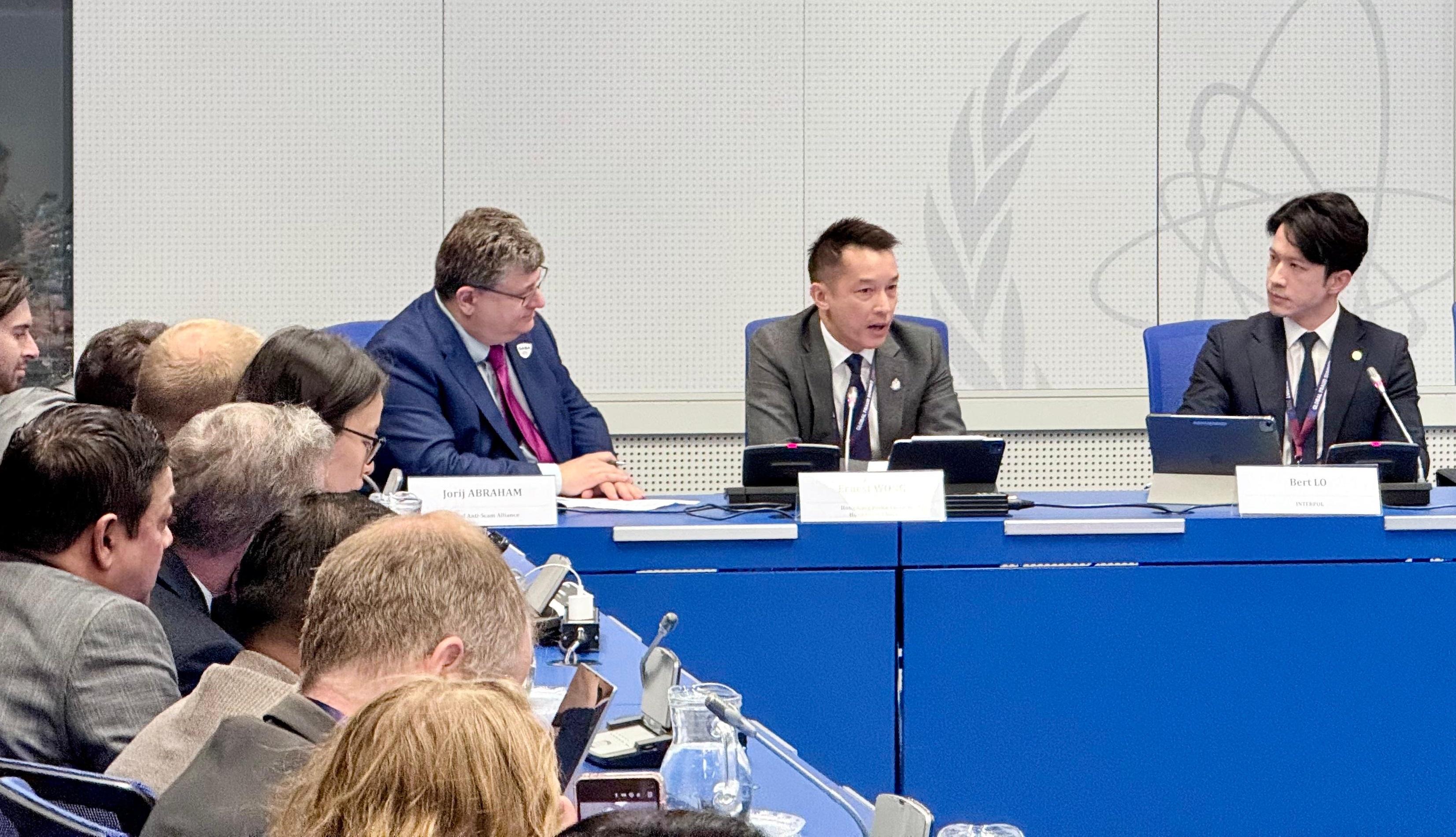 The Commissioner of Police, Mr Chow Yat-ming, led a Hong Kong delegation, as part of the national delegation, to attend the Global Fraud Summit 2026 held in Vienna, Austria, on March 16 and 17 (Vienna time). The Chief Superintendent of Police Commercial Crime Bureau, Mr Wong Chun-yue (centre), shares the Force's successful experience in establishing the Anti-Deception Coordination Centre at a panel discussion of the summit.