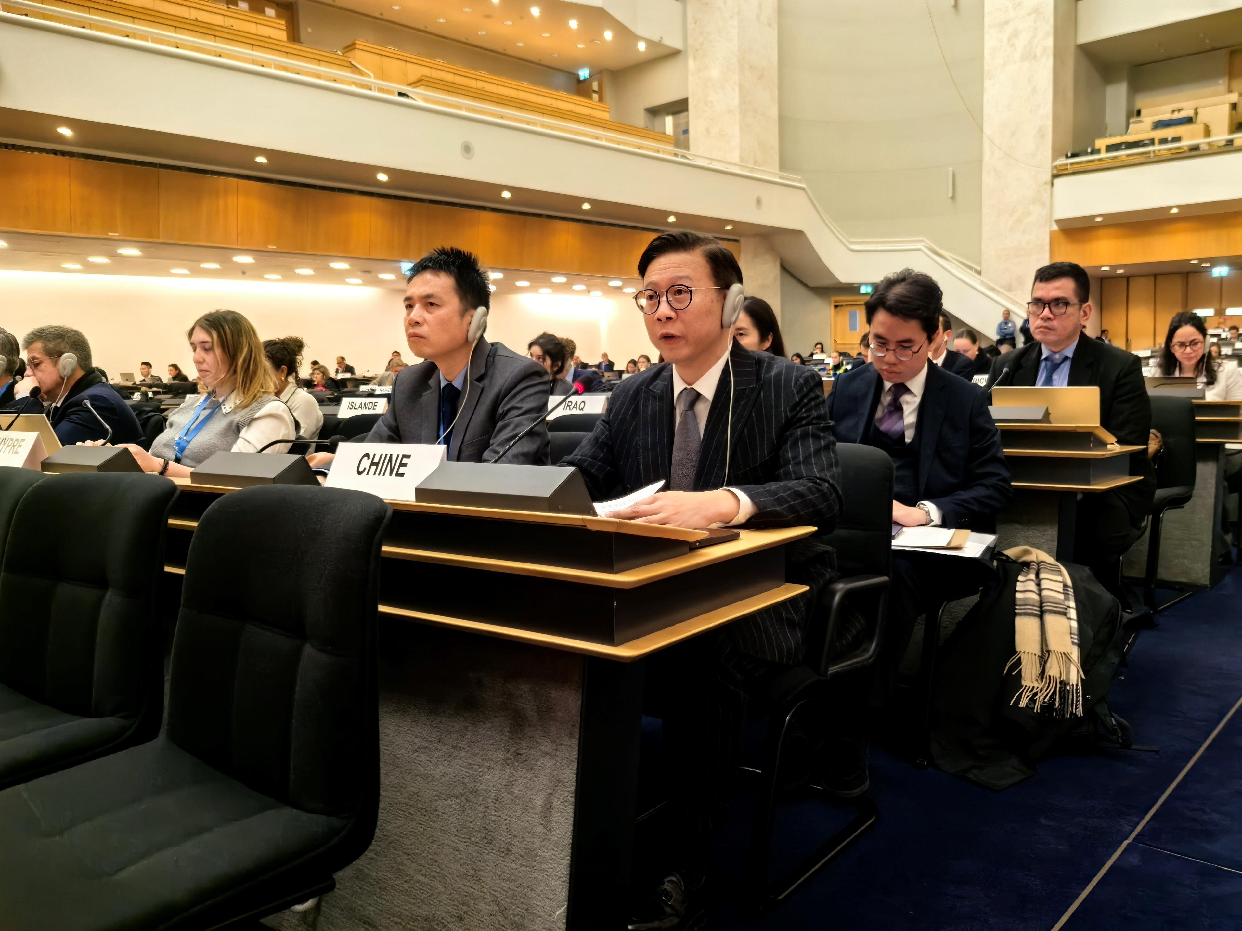 The Deputy Secretary for Justice, Dr Cheung Kwok-kwan (first row, first right), today (March 18, Geneva time) finished attending the 61st session of the United Nations Human Rights Council in Geneva, Switzerland. Photo shows Dr Cheung speaking at the session.