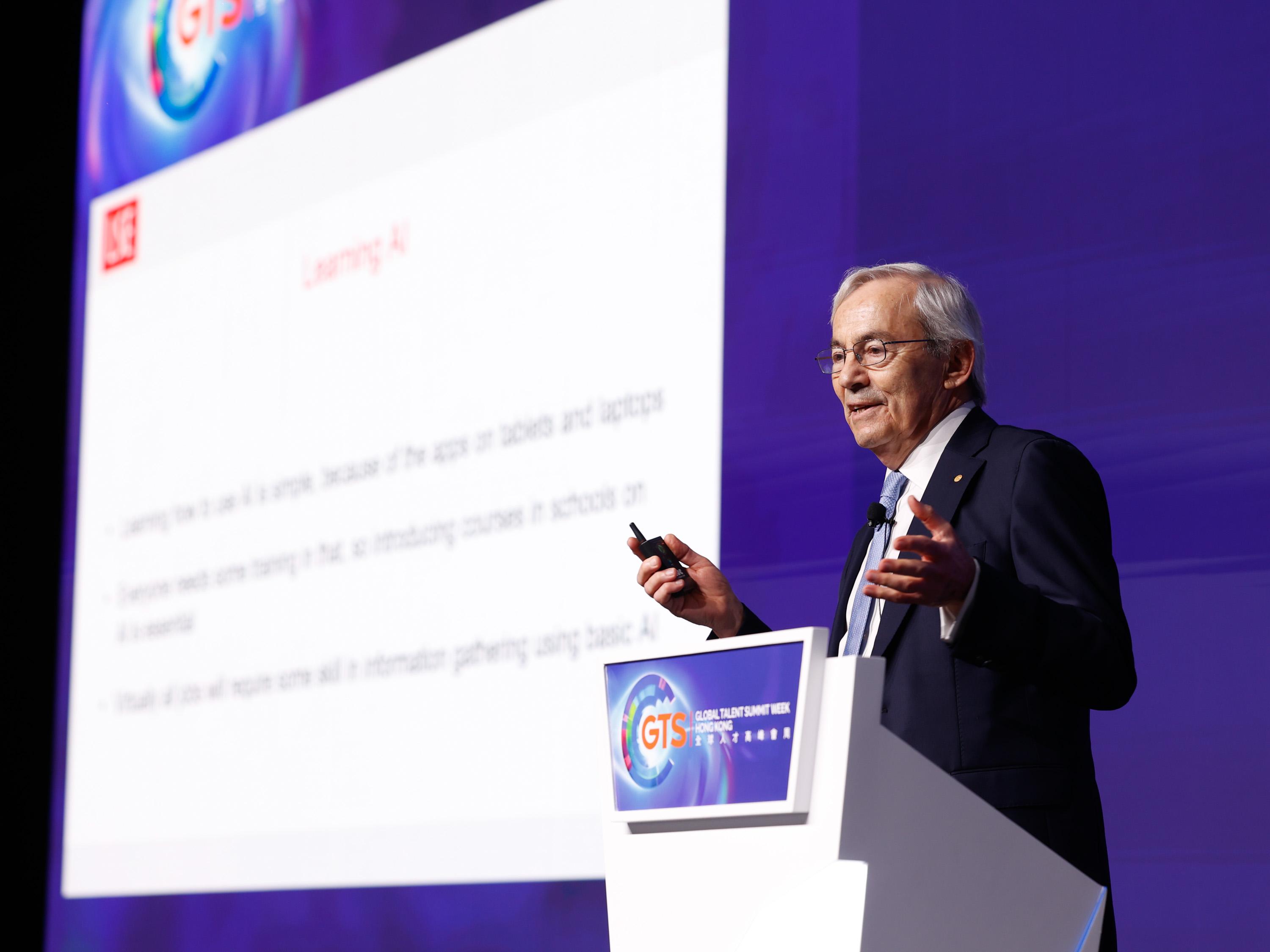 The Global Talent Summit Week organised by Hong Kong Talent Engage commenced today (March 18) and will run through March 29, focusing on the integrated developement of education, technology and talent. Photo shows the Nobel Laureate, Professor Christopher A Pissarides, delivering his keynote speech at the International Talent Forum.
