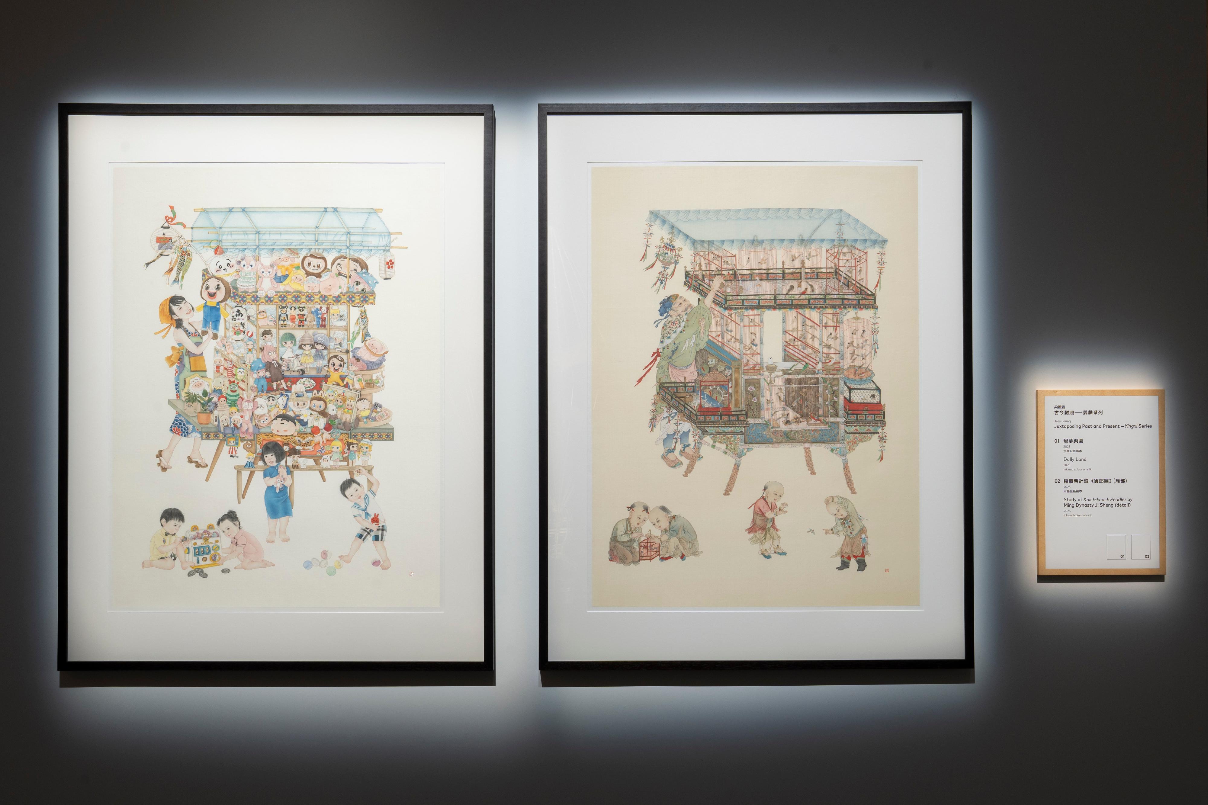 香港藝術館明日（三月二十日）起舉辦「當下&mdash;&mdash;香港藝術展」，匯聚19位活躍於當今香港藝壇的藝術家作品。圖示藝術家梁麗雯作品《古今對照──嬰戲系列》。







