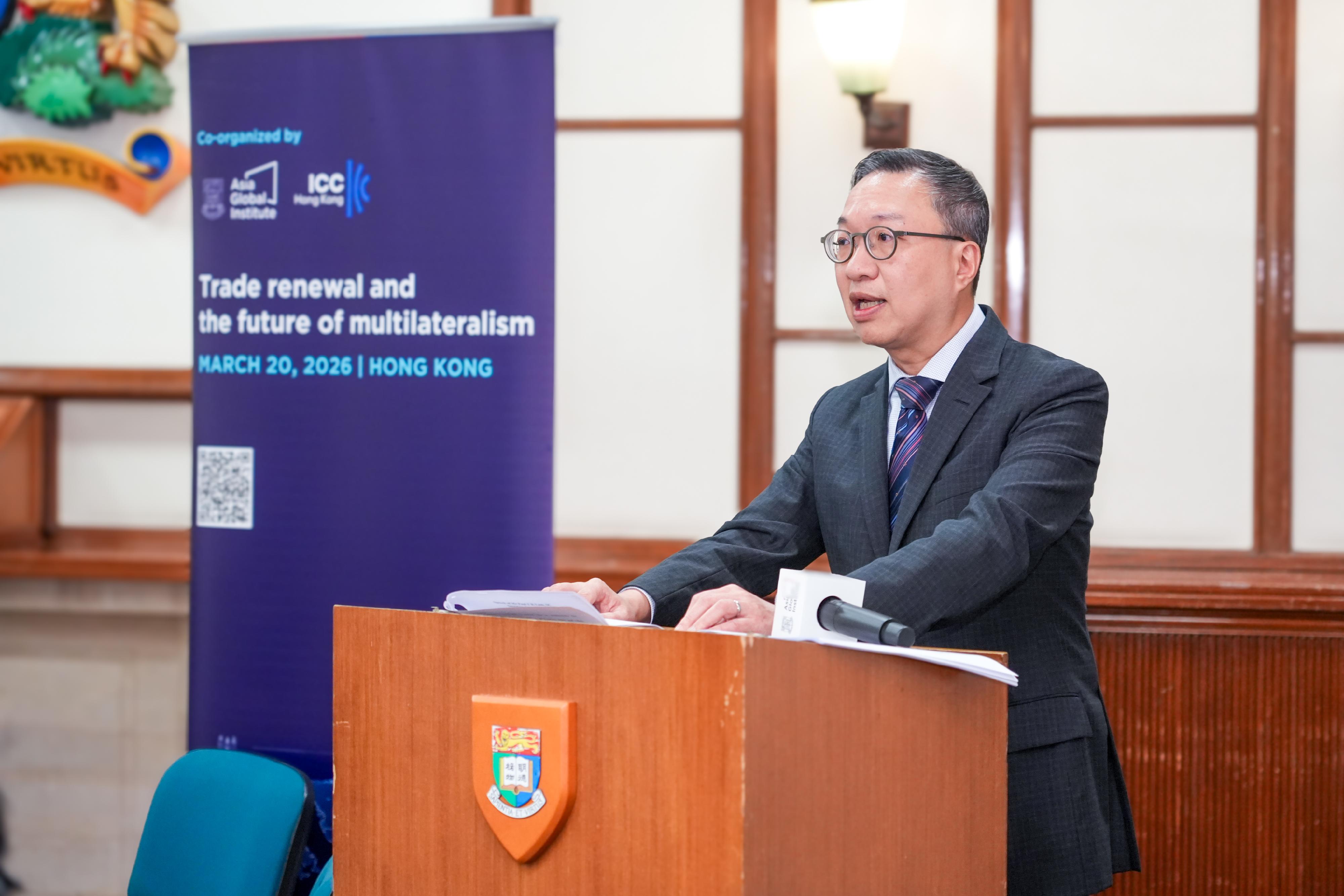 The Secretary for Justice, Mr Paul Lam, SC, speaks at the Roundtable on Trade Renewal and the Future of Multilateralism today (March 20).