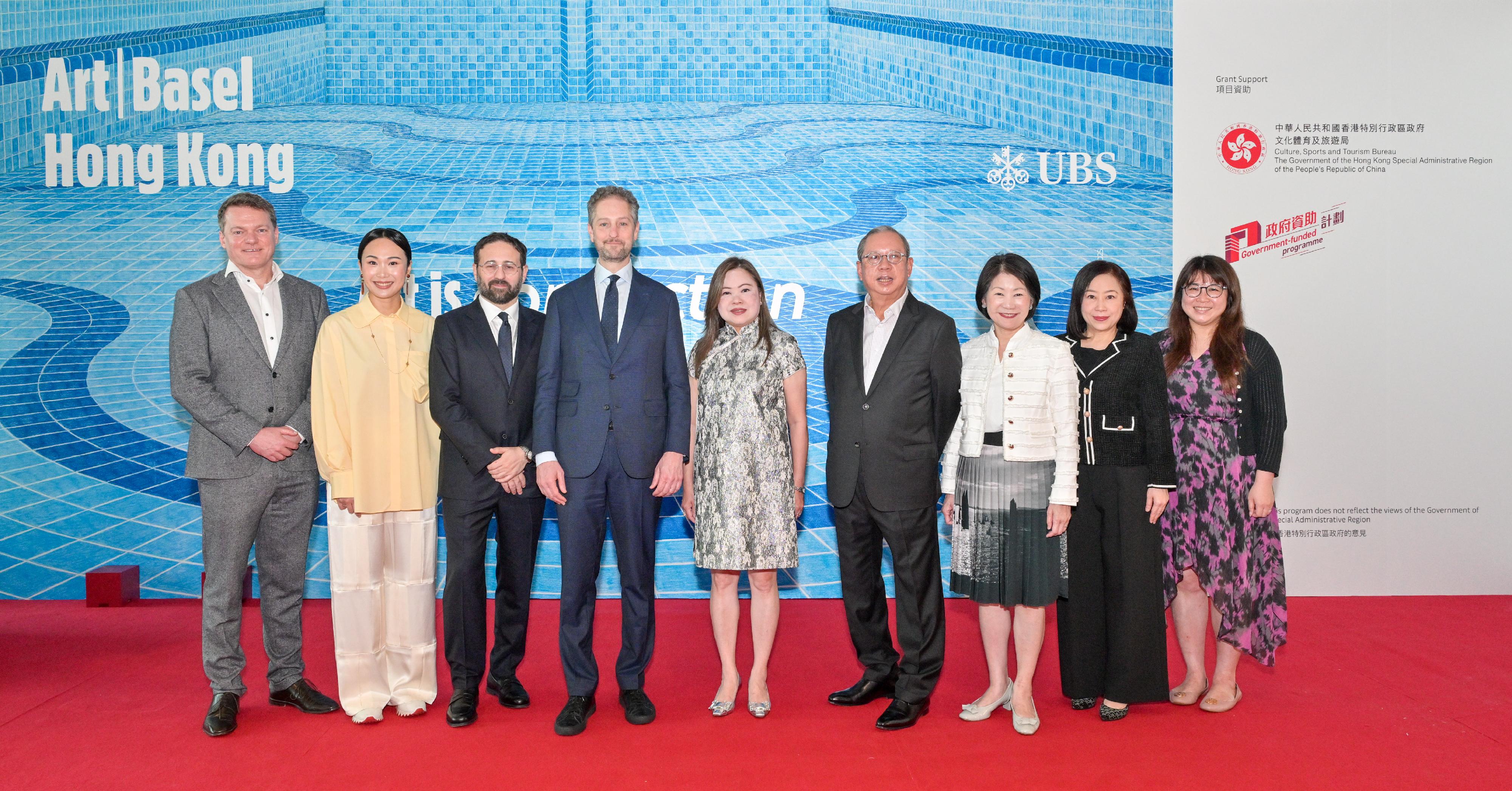 The opening reception of Art Basel Hong Kong 2026 was held at the Hong Kong Convention and Exhibition Centre today (March 25). Photo shows (from left) the Director of International Development of Art Basel, Mr Andrew Strachan; the Director of Art Basel Hong Kong, Ms Angelle Siyang-Le; the Chief Artistic Officer and Global Director of Art Basel Fairs, Mr Vincenzo de Bellis; the Chief Executive Officer of Art Basel, Mr Noah Horowitz; the Secretary for Culture, Sports and Tourism, Miss Rosanna Law; the Chairman of the Hong Kong Tourism Board, Dr Peter Lam; the Permanent Secretary for Culture, Sports and Tourism, Ms Vivian Sum; the Deputy Secretary for Culture, Sports and Tourism, Miss Winnie Tse; and Principal Assistant Secretary for Culture, Sports and Tourism (Culture) Ms Yandy Chan.