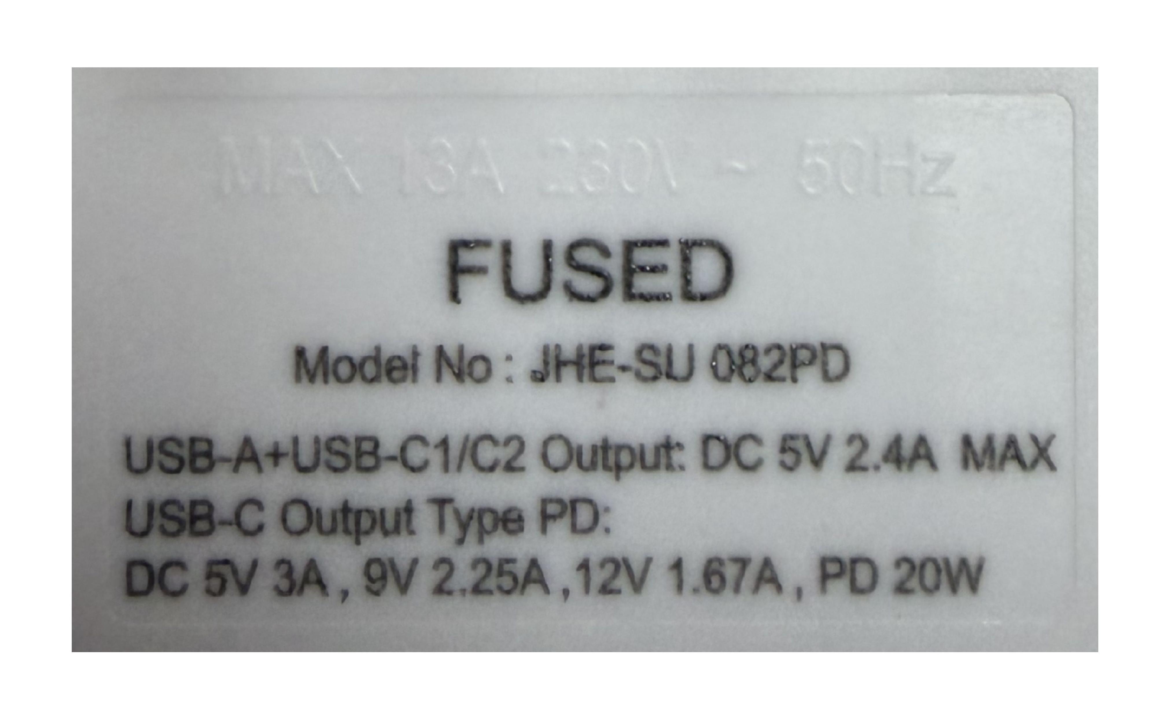 The Electrical and Mechanical Services Department today (March 25) urged the public to stop using a model of JHE adaptor (Model No: JHE-SU082PD). Photo shows the product label on the back of the adaptor.