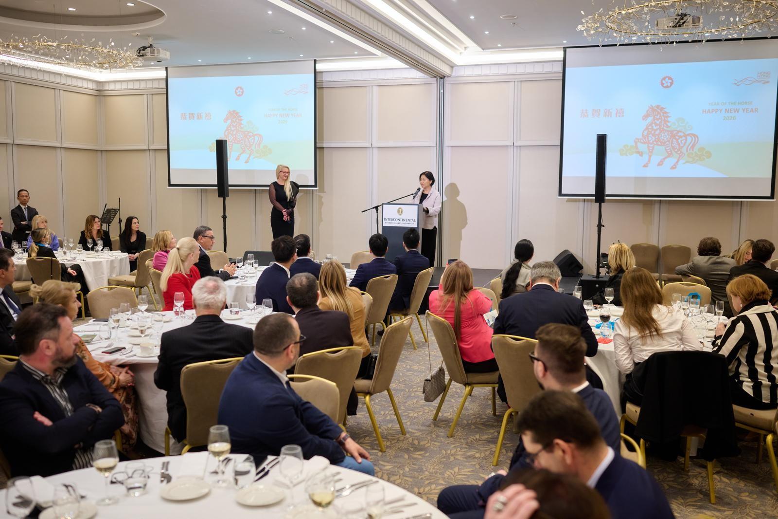 The Hong Kong Economic and Trade Office in Brussels hosted a series of 12 events across European cities to mark the Year of the Horse and celebrate with local communities. Photo shows the Special Representative for the Hong Kong Economic and Trade Affairs to the European Union, Ms Shirley Yung, speaking at the Chinese New Year reception in Bucharest, Romania, on March 17 (Bucharest time).