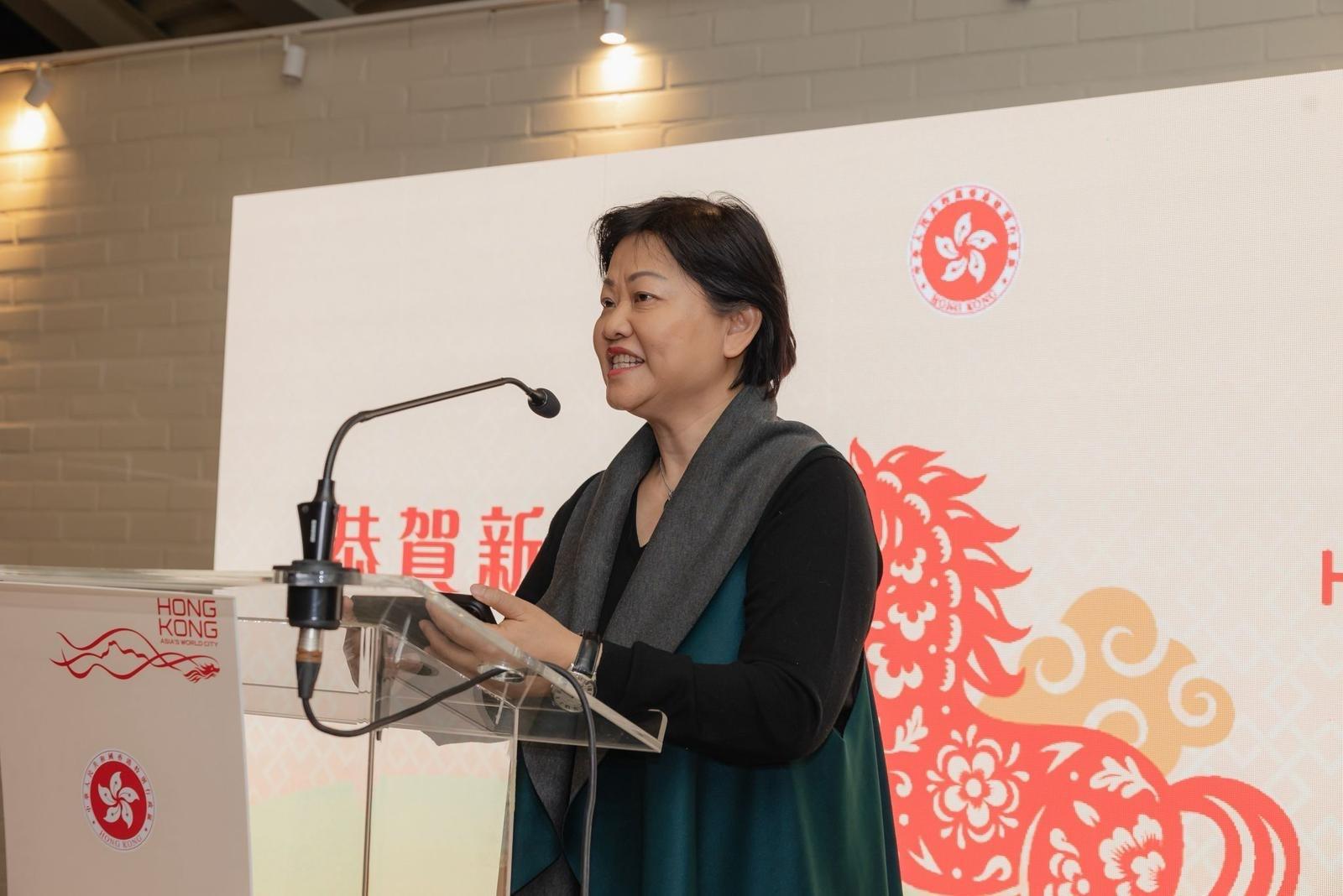 The Hong Kong Economic and Trade Office in Brussels hosted a series of 12 events across European cities to mark the Year of the Horse and celebrate with local communities. Photo shows the Special Representative for the Hong Kong Economic and Trade Affairs to the European Union, Ms Shirley Yung, speaking at the Chinese New Year reception in Lisbon, Portugal, on March 10 (Lisbon time).
