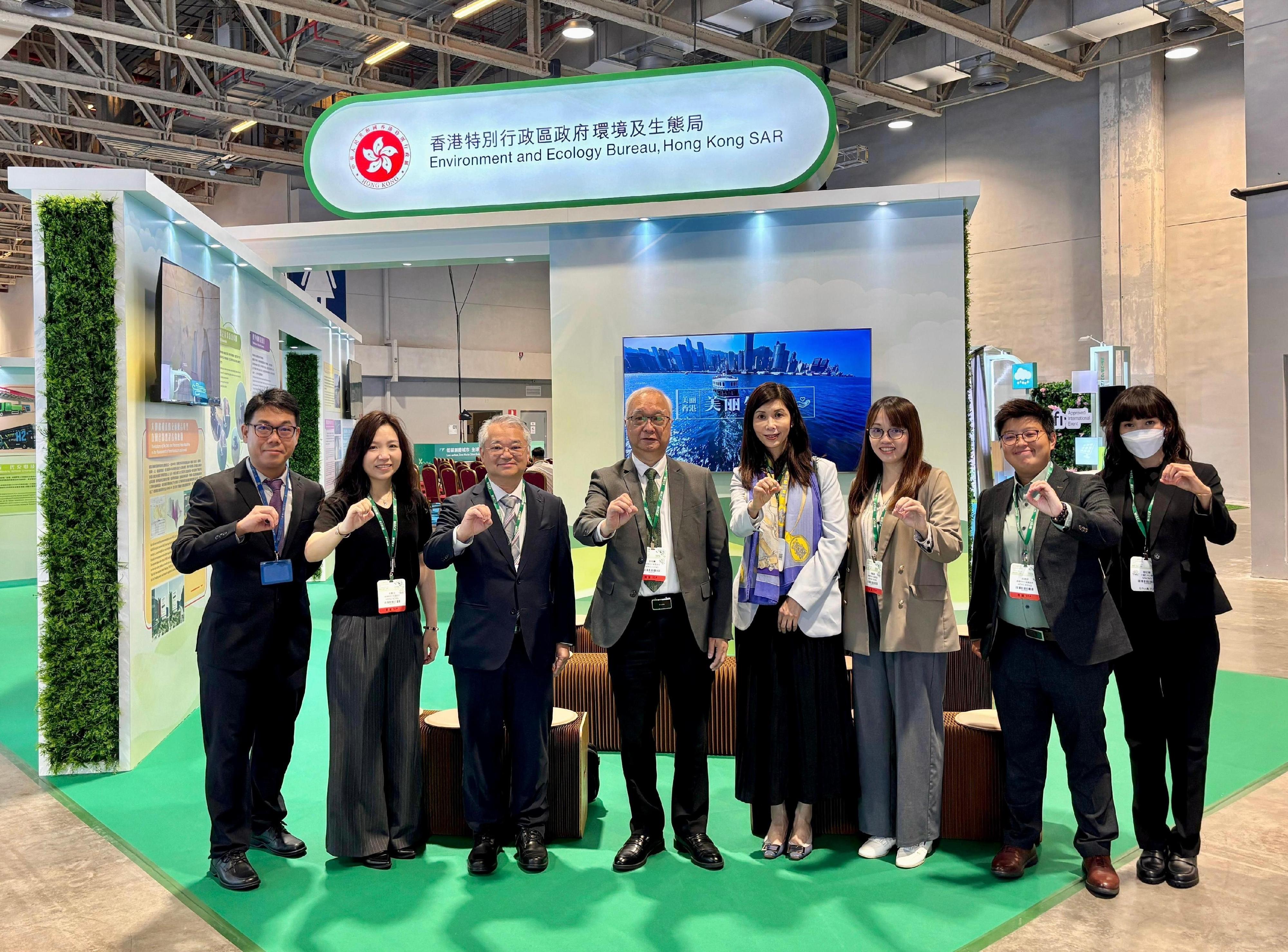 The Secretary for Environment and Ecology, Mr Tse Chin-wan, today (March 26) attended the 2026 Macao International Environmental Co-operation Forum & Exhibition in Macao. Photo shows Mr Tse (fourth left) and the Director of Environmental Protection, Dr Samuel Chui (third left), visiting the booth of the Environment and Ecology Bureau.