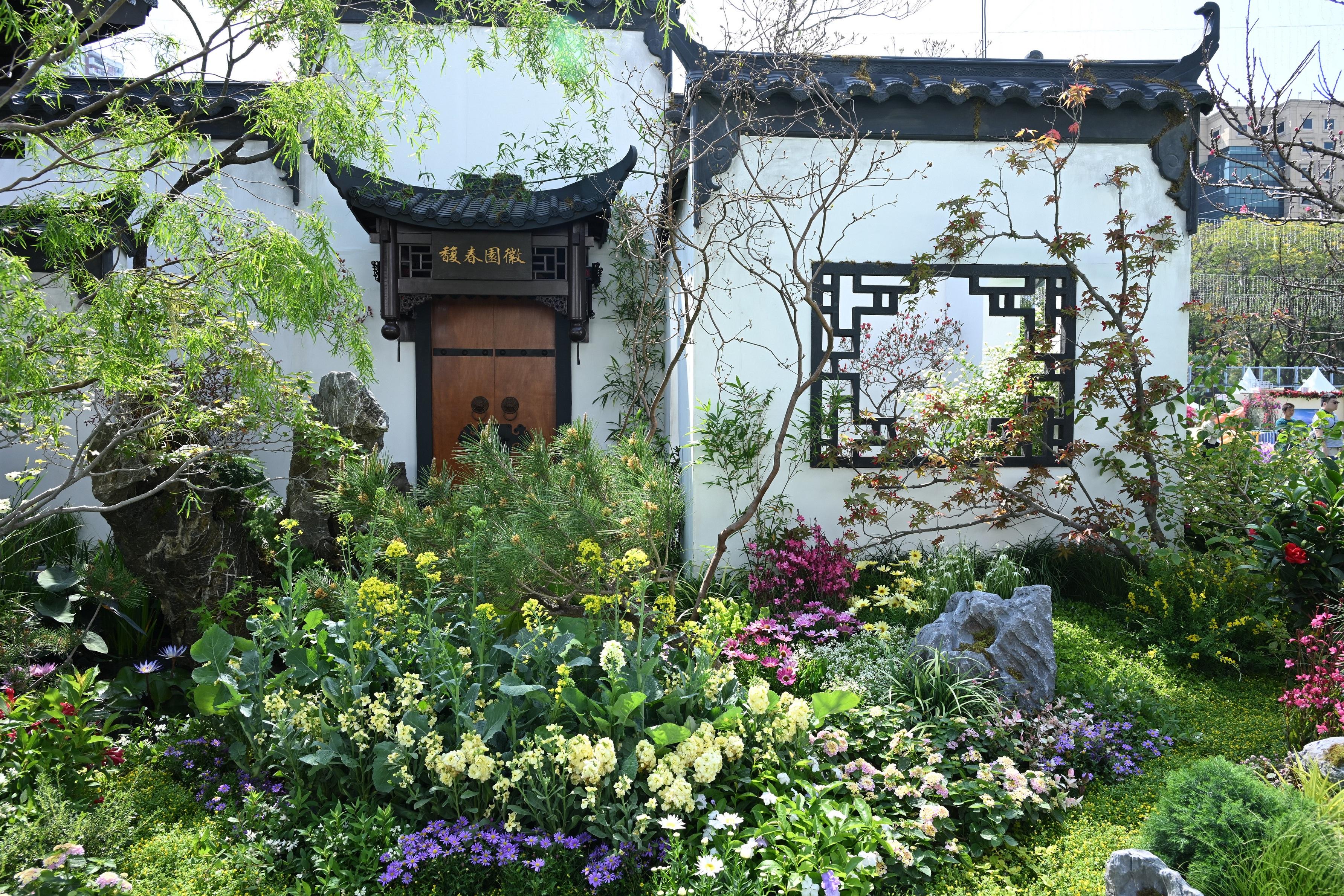 The Hong Kong Flower Show 2026, currently running at Victoria Park, is displaying the winning entries of the Leisure and Cultural Services Department's Oriental and Western Style Garden Plot Competitions. Photo shows Yau Tsim Mong District's "Spring in a Huizhou Garden", which is the winner of the Environmental Award for an Oriental Style Garden.