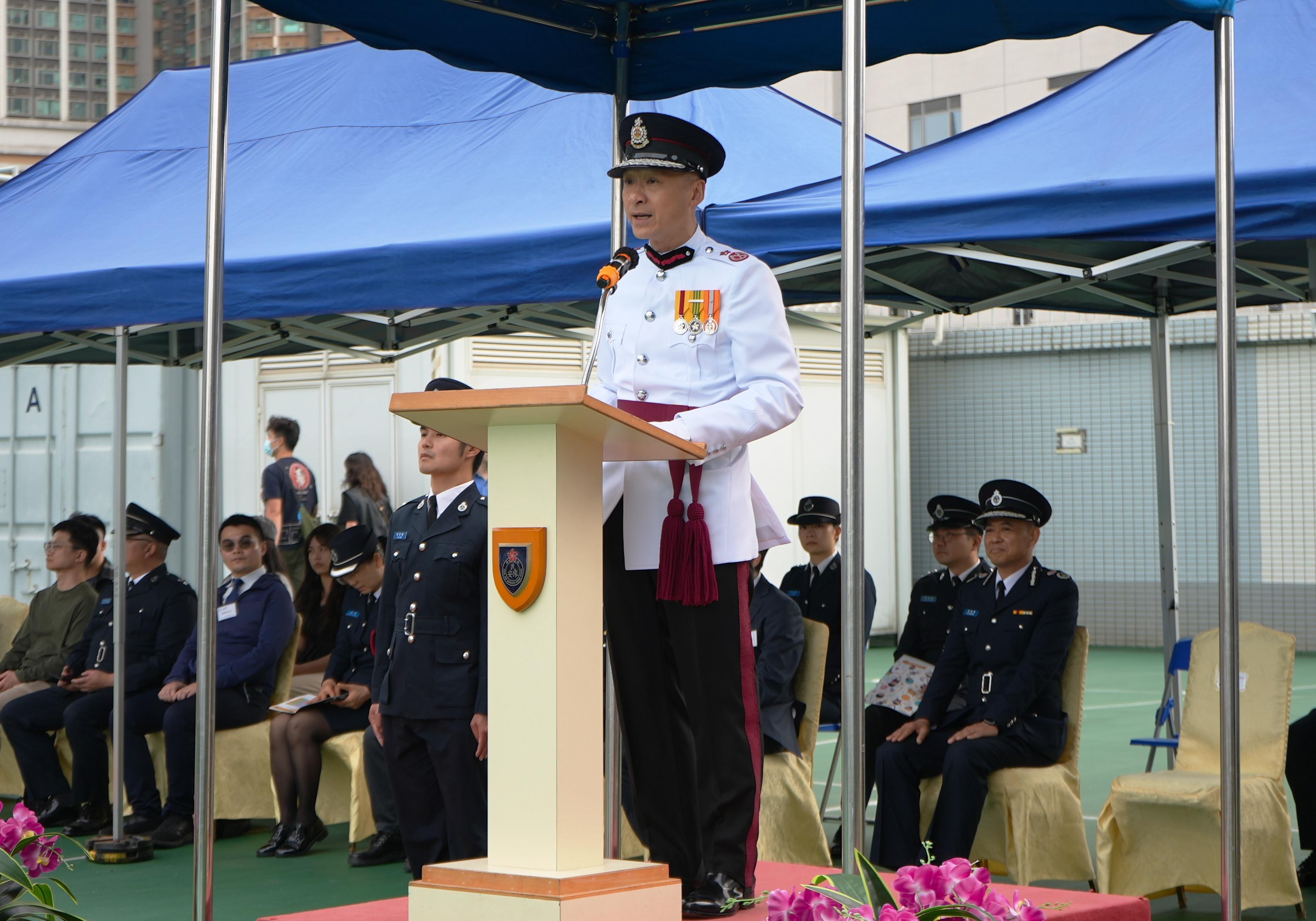 The Civil Aid Service (CAS) Cadet Corps held the 153rd New Cadets Passing-out Parade at the CAS Headquarters today (March 28). Photo shows the Deputy Director of Fire Services (Public Safety and Corporate Strategy), Mr Wong Ka-wing, delivering a speech at the parade.
