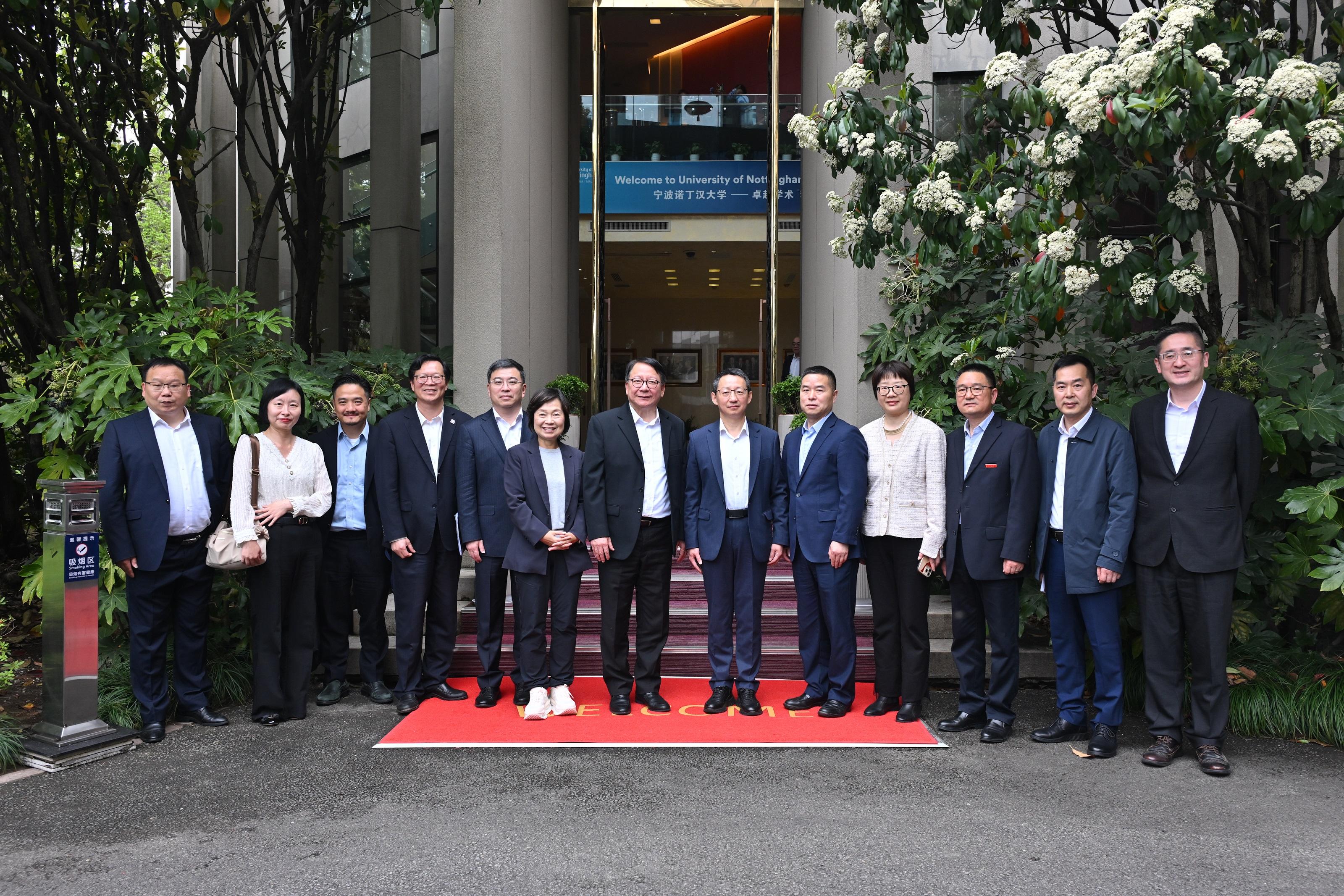 The Chief Secretary for Administration, Mr Chan Kwok-ki, led the delegation of the Working Group on Planning and Construction of the University Town under the Committee on Development of the Northern Metropolis to visit Zhejiang today (March 30). Photo shows (from fifth left) Deputy Director of the Department of Education of Zhejiang Province Mr Shu Peidong; the Secretary for Education, Dr Choi Yuk-lin; Mr Chan; member of the Standing Committee of the CPC Ningbo Municipal Committee and Vice Mayor of the Ningbo Municipal People&rsquo;s Government, Mr Xu Yan, and other attending officials at the Ningbo Higher Education Park.