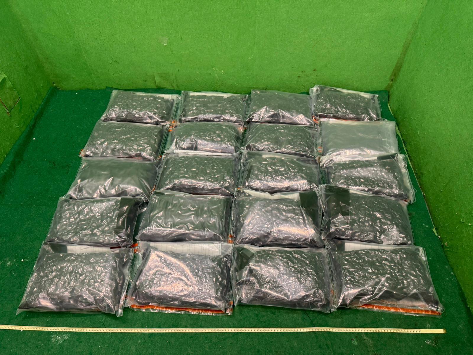Hong Kong Customs detected three drug trafficking cases involving baggage concealment at Hong Kong International Airport and seized a total of about 22 kilograms of suspected ketamine, about 21kg of suspected cannabis buds, about 9.5 grams of smokeless tobacco, an alternative smoking product and 2 e-cigarette cartridges, with a total estimated market value of about $13 million. Three males were arrested. Photo shows the suspected cannabis buds seized in the first case.