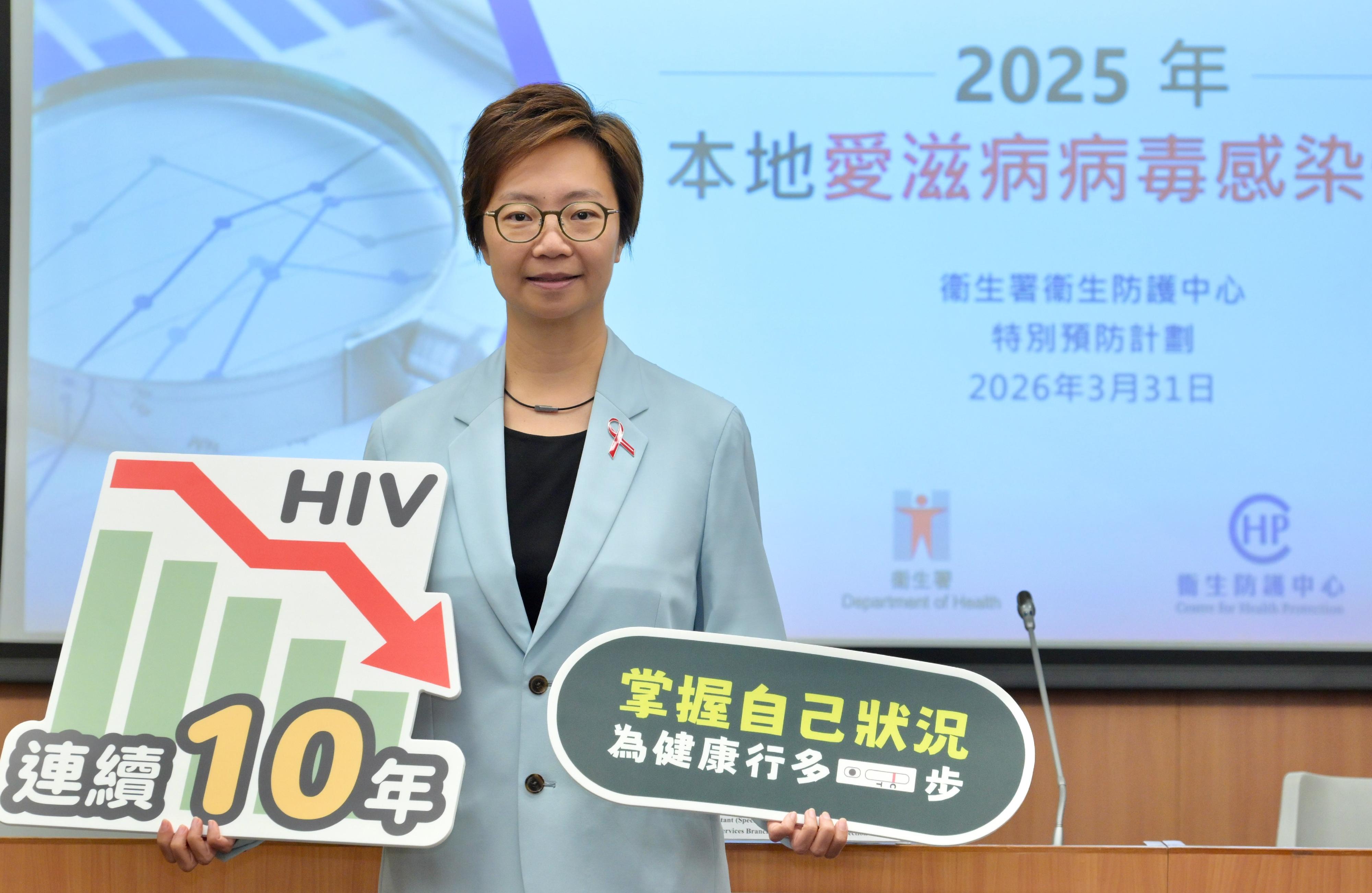 The Centre for Health Protection (CHP) of the Department of Health (DH) today (March 31) announced the situation of Human Immunodeficiency Virus (HIV) infection in Hong Kong in 2025. The number of new cases of HIV infection in Hong Kong has declined for 10 consecutive years and the prevalence rate has remained well below the global average, reflecting the success of Hong Kong's prevention and control efforts. Photo shows the Consultant (Special Preventive Programme) of Public Health Services Branch of the CHP of the DH, Dr Bonnie Wong.

