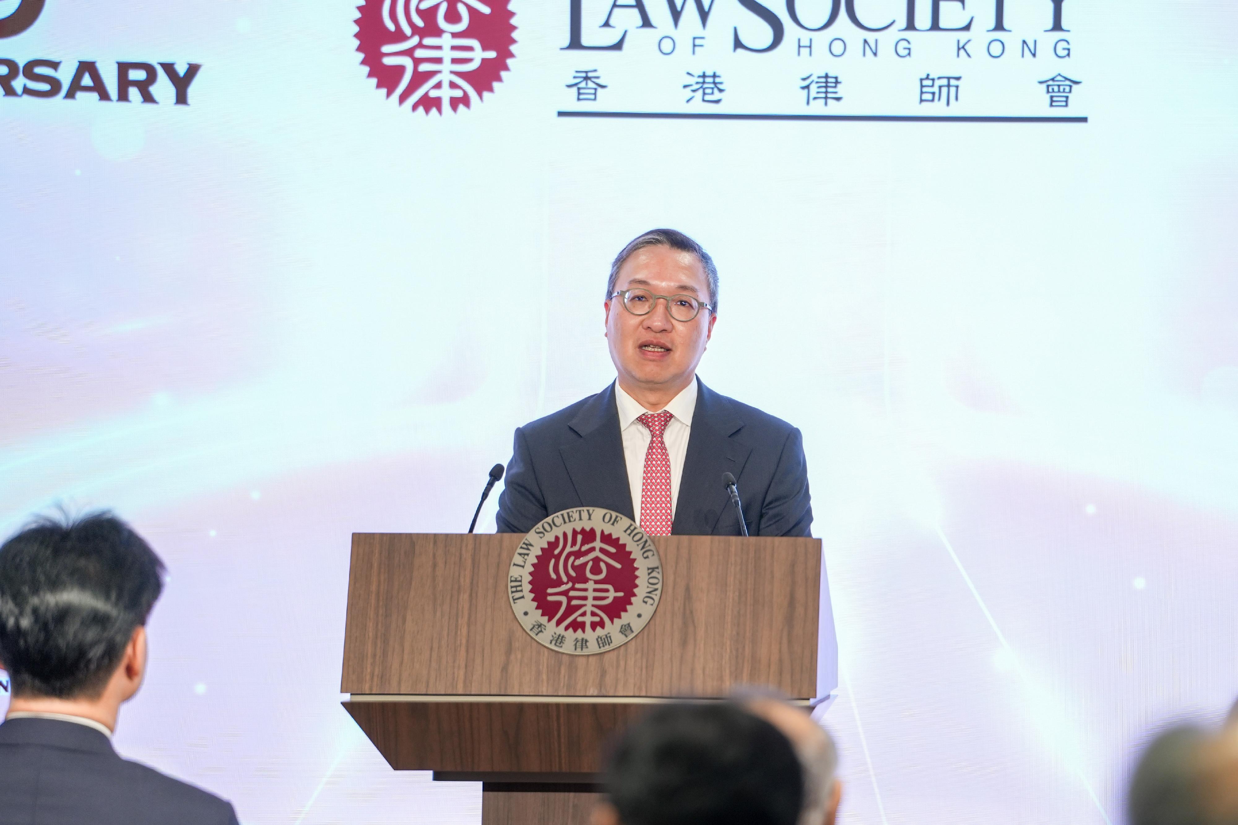 The Secretary for Justice, Mr Paul Lam, SC, speaks at the Opening Ceremony of New Premises of the Law Society of Hong Kong today (April 8). 
