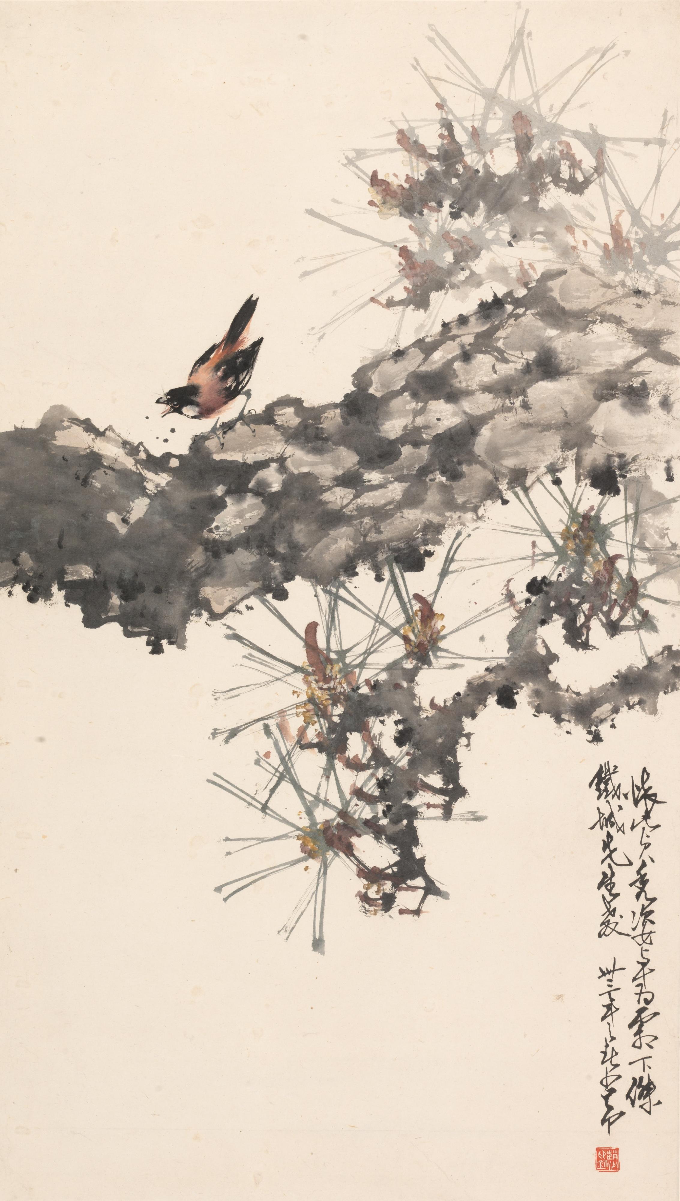The Hong Kong Heritage Museum is presenting the exhibition "On Flowers: Selected Paintings and Poems by Chao Shao-an" from tomorrow (April 15). Photo shows Professor Chao Shao-an's artwork "Bird on Winter Pine", with the inscription on the painting, "integrity in such an elegant posture, an outstanding hero in the frosty winter", taken from a poem by Tao Yuanming. Professor Chao took pine trees and imbued them with the noble character of a gentleman.