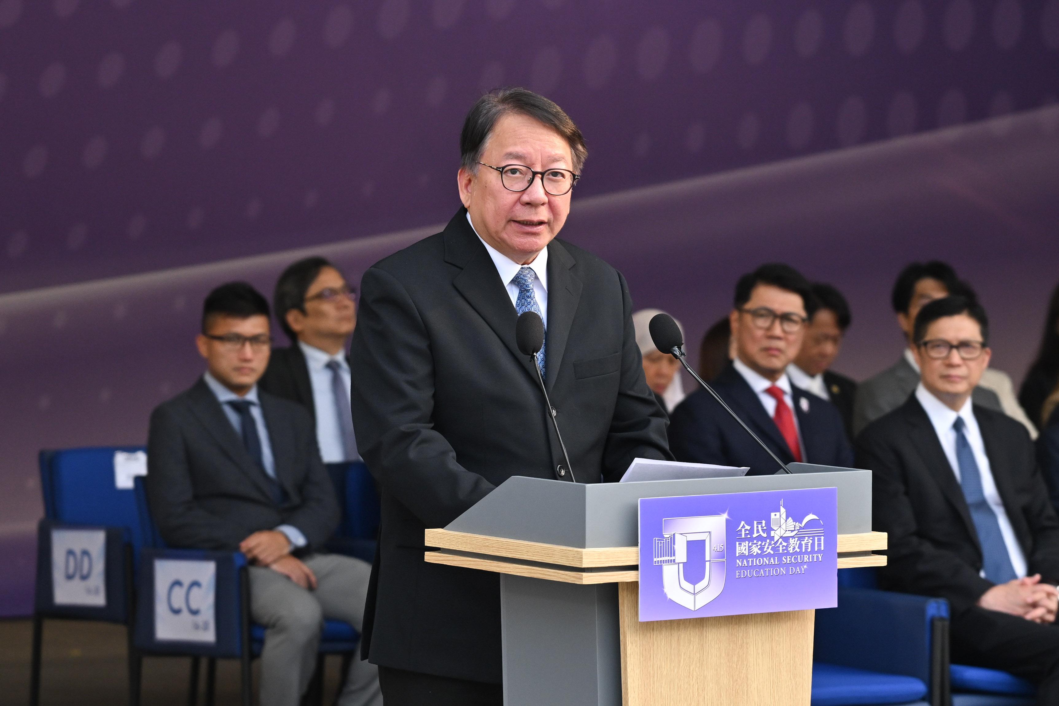 政務司司長陳國基今日（四月十五日）在「全民國家安全教育日」升旗儀式致辭。