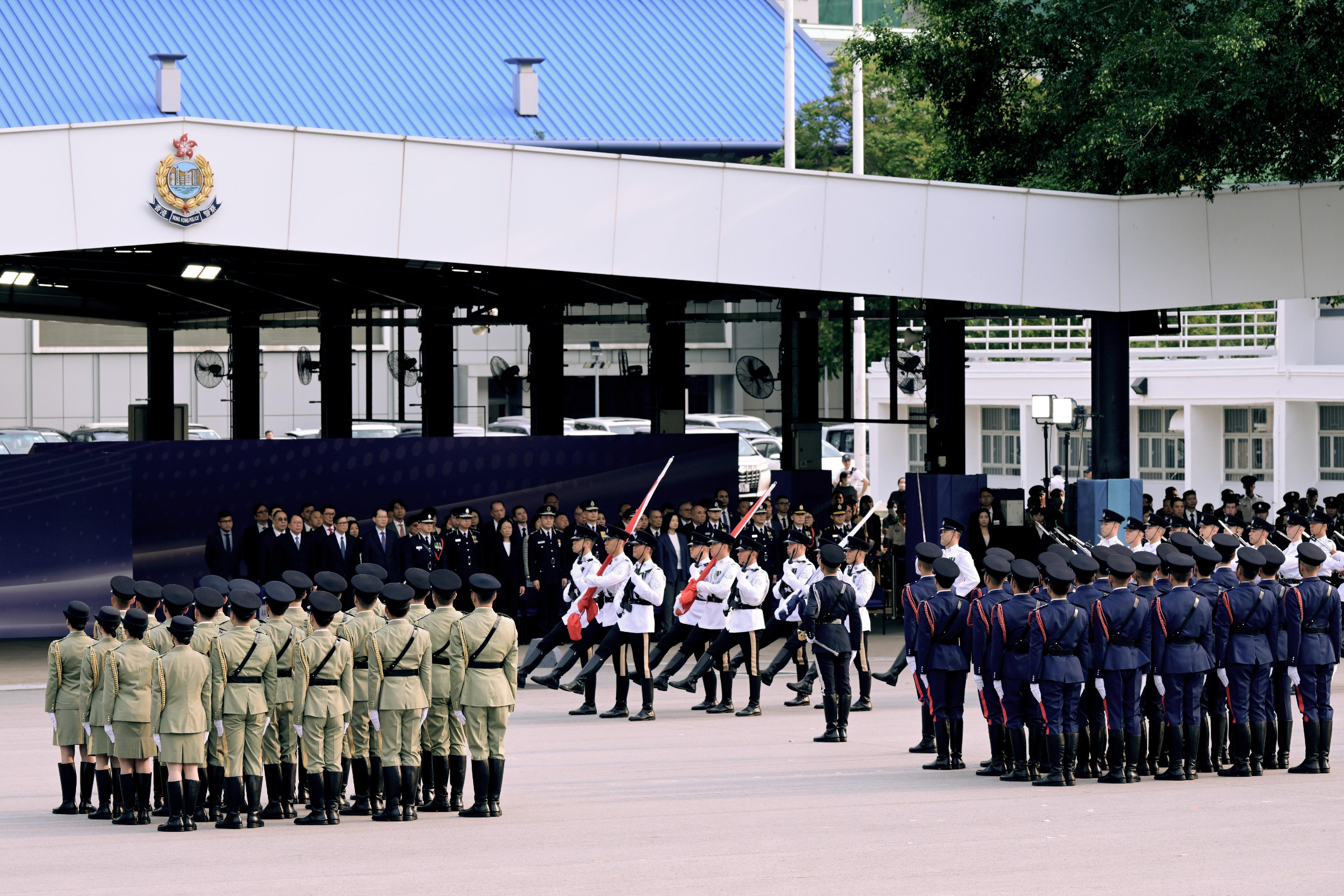 The Security Bureau and its disciplined services jointly held a National Security Education Day flag-raising ceremony at the Hong Kong Police College today (April 15). Photo shows a march-in by the Police flag party.