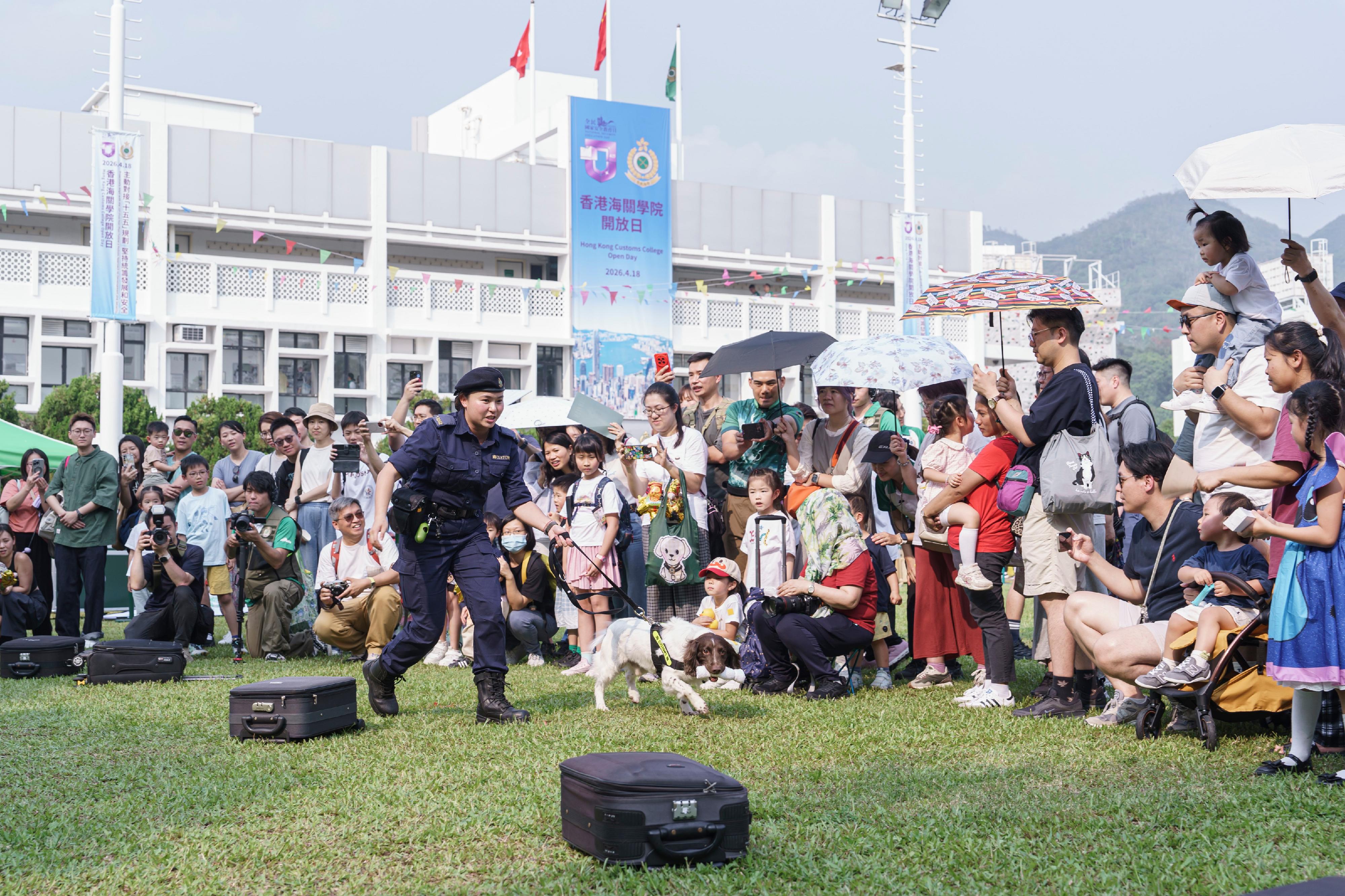 Hong Kong Customs today (April 18) held the Hong Kong Customs College Open Day. Photo shows Hong Kong Customs Detector Dog Team performing at the open day.