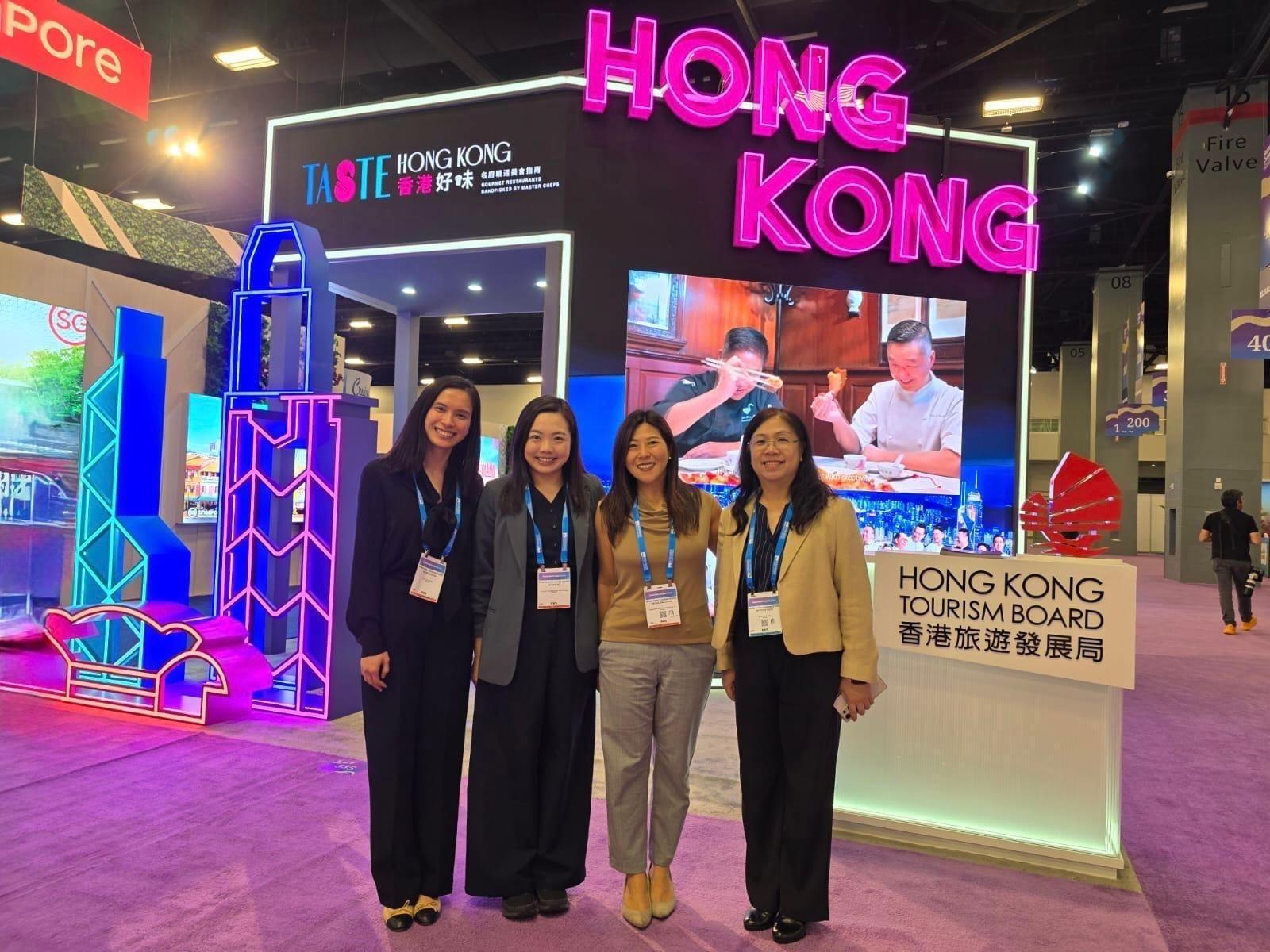The Hong Kong Economic and Trade Office, New York (New York ETO) participated in the 2026 Seatrade Cruise Global in Miami, Florida on April 16 (Miami time) with the Tourism Commission and the Hong Kong Tourism Board (HKTB) to promote Hong Kong as a premier cruise tourism destination for high-value added travellers who treasure diverse experience. Photo shows the Director of the New York ETO, Ms Maisie Ho (second right), with the Assistant Commissioner for Tourism of the Tourism Commission, Ms Agnes Ho (second left), the Director, Cruise of the HKTB, Ms Patricia Yuen (first right); and the Deputy Director of the New York ETO, Ms Angela Jong (first left).