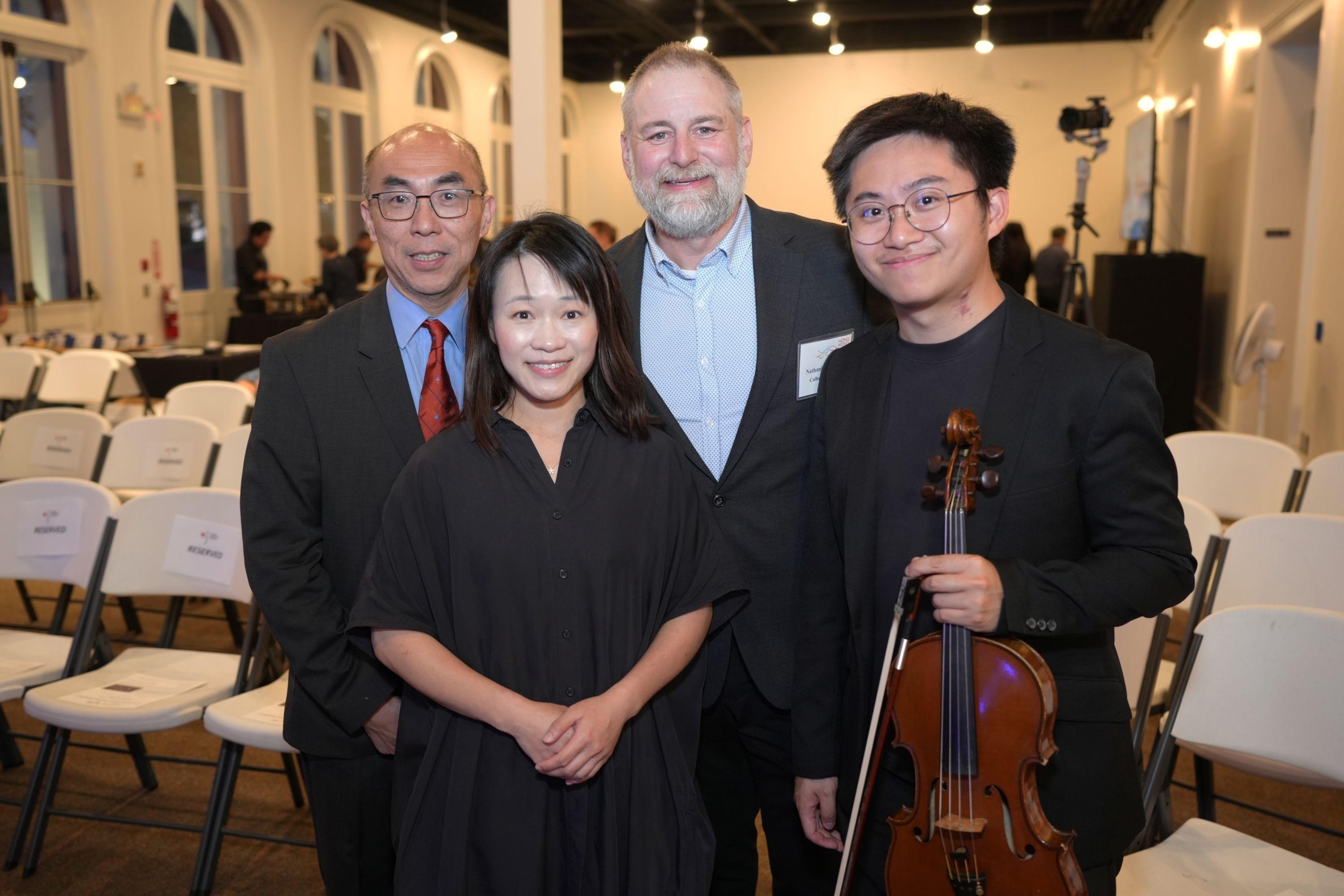 Welcoming the Hong Kong Academy for Performing Arts Nexus Ensemble, the Hong Kong Economic and Trade Office in San Francisco (HKETO San Francisco) hosted a Hong Kong Cultural Evening series in Seattle (March 31, Seattle time), San Francisco (April 2, San Francisco time), and Los Angeles (April 6, Los Angeles time). Photo shows the Director of HKETO San Francisco, Mr DC Cheung (first left), and the Provost of the Colburn School, Dr Nathaniel Zeisler (second right), with members of the ensemble in Los Angeles on April 6.