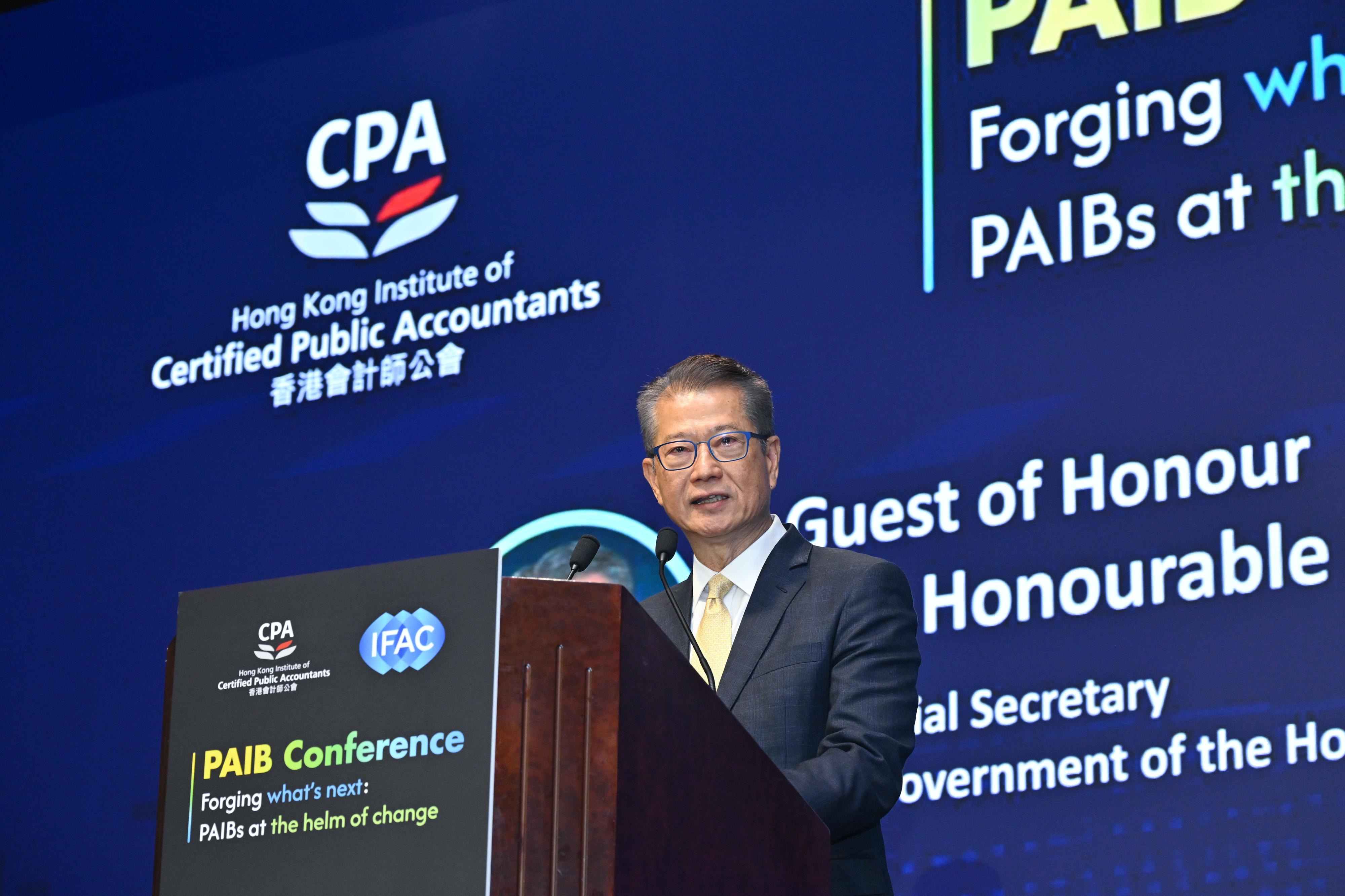 The Financial Secretary, Mr Paul Chan, today (April 18) attended the HKICPA x IFAC PAIB Conference. Photo shows Mr Chan delivering a speech at the conference.
