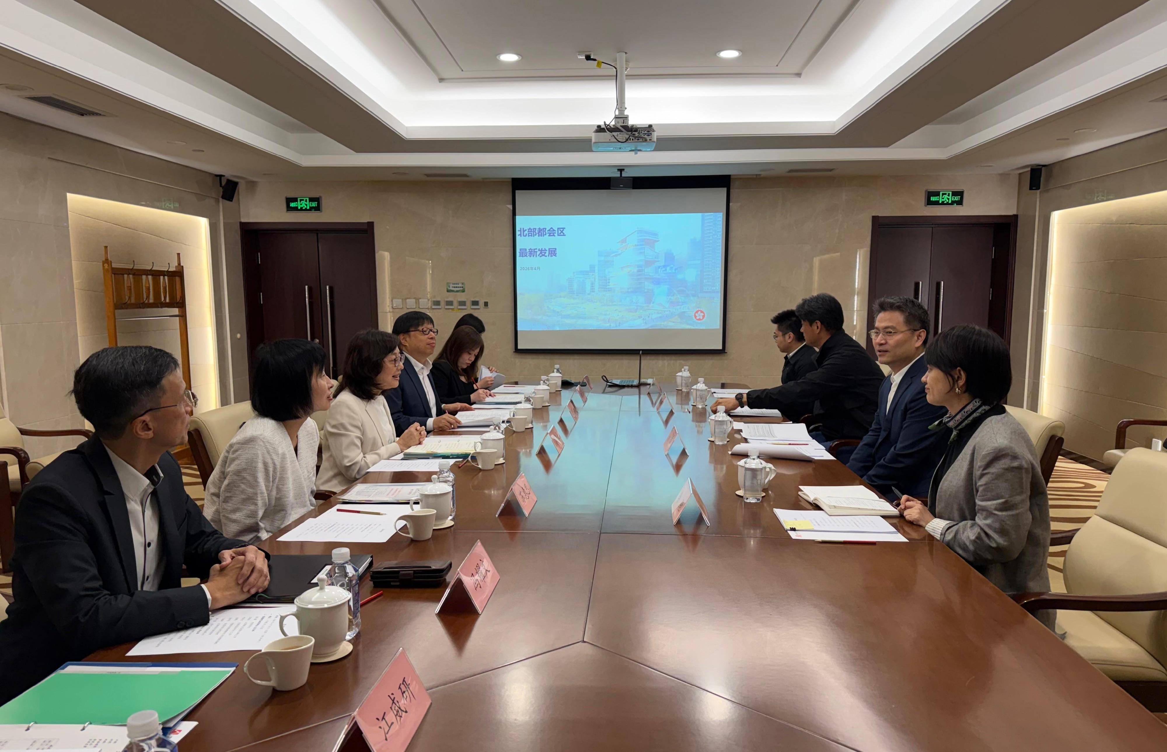 The Secretary for Development, Ms Bernadette Linn (third left), today (April 20) held a working meeting with Deputy Director-General of the Bureau of International Cooperation of the State-owned Assets Supervision and Administration Commission of the State Council Mr Xie Hui (second right), in Beijing. The Director of the Northern Metropolis Co-ordination Office, Ms Linda So (second left), and Deputy Secretary for Development (Works) Mr Tony Ho (fourth left) also attended.