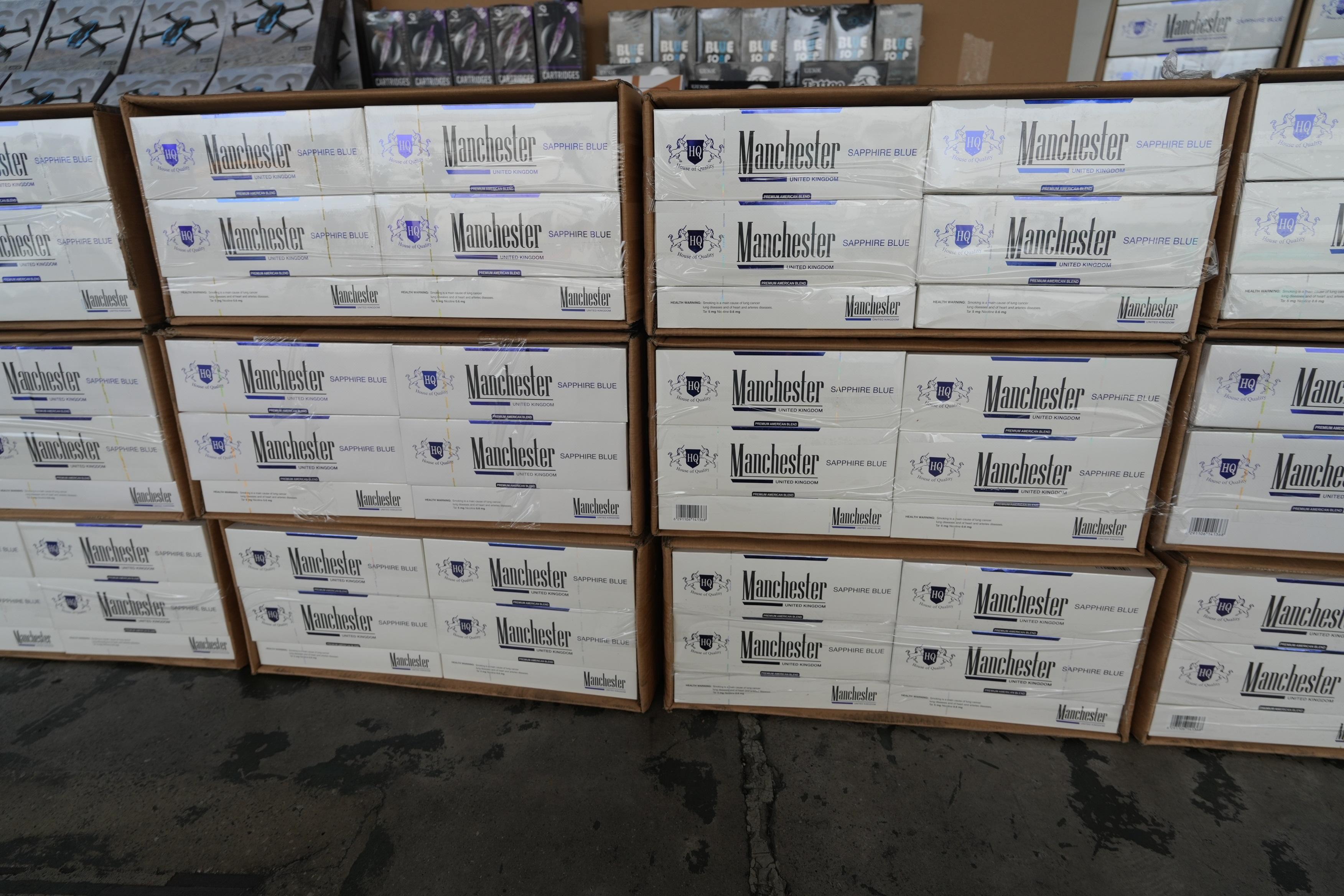 Hong Kong Customs detected a suspected smuggling case involving an ocean-going vessel on April 13. Large batches of suspected smuggled goods with a total estimated market value of about $20 million were seized. Photo shows the suspected illicit cigarettes seized.