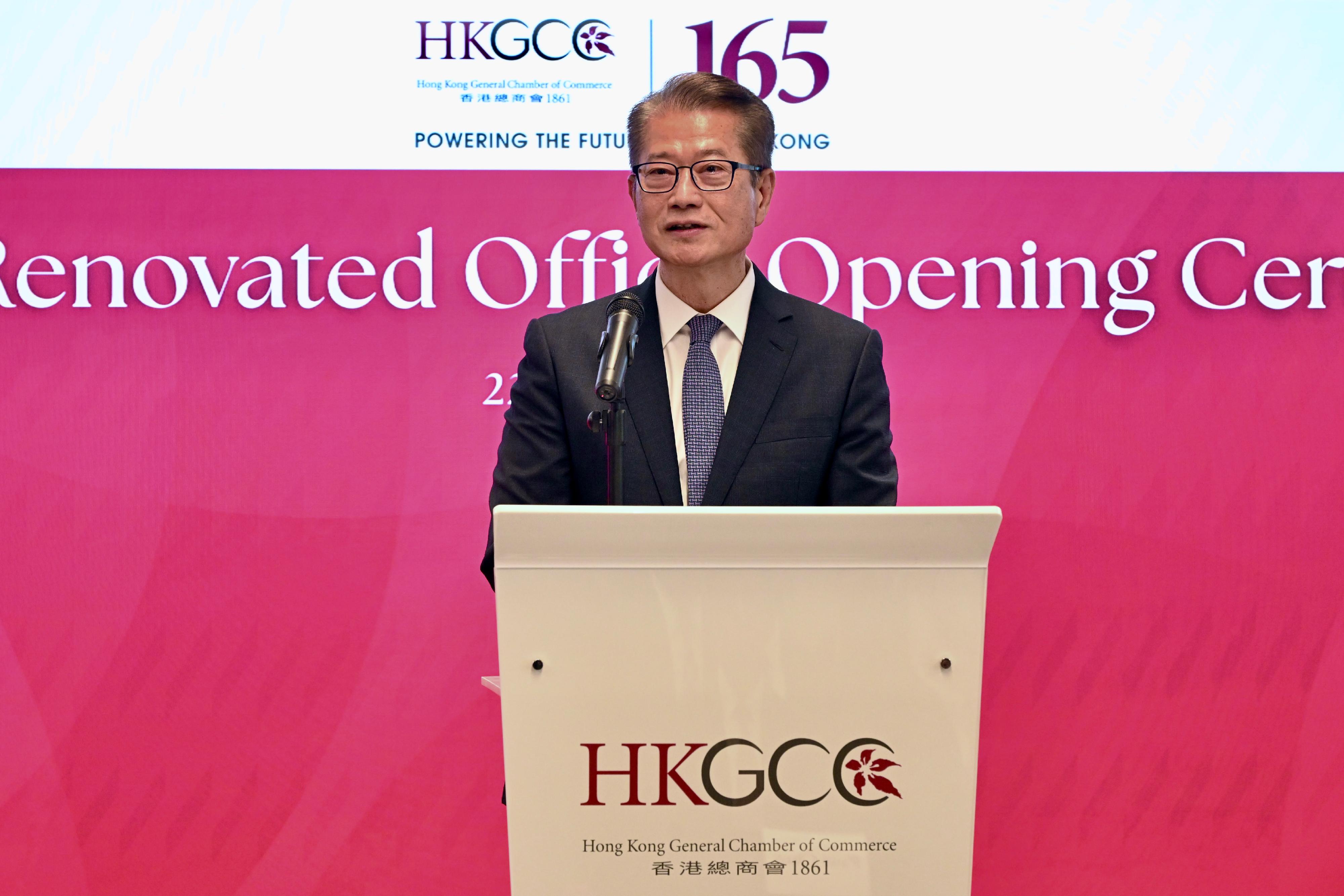 The Financial Secretary, Mr Paul Chan, speaks at the Hong Kong General Chamber of Commerce Renovated Office Opening Ceremony today (April 22).
